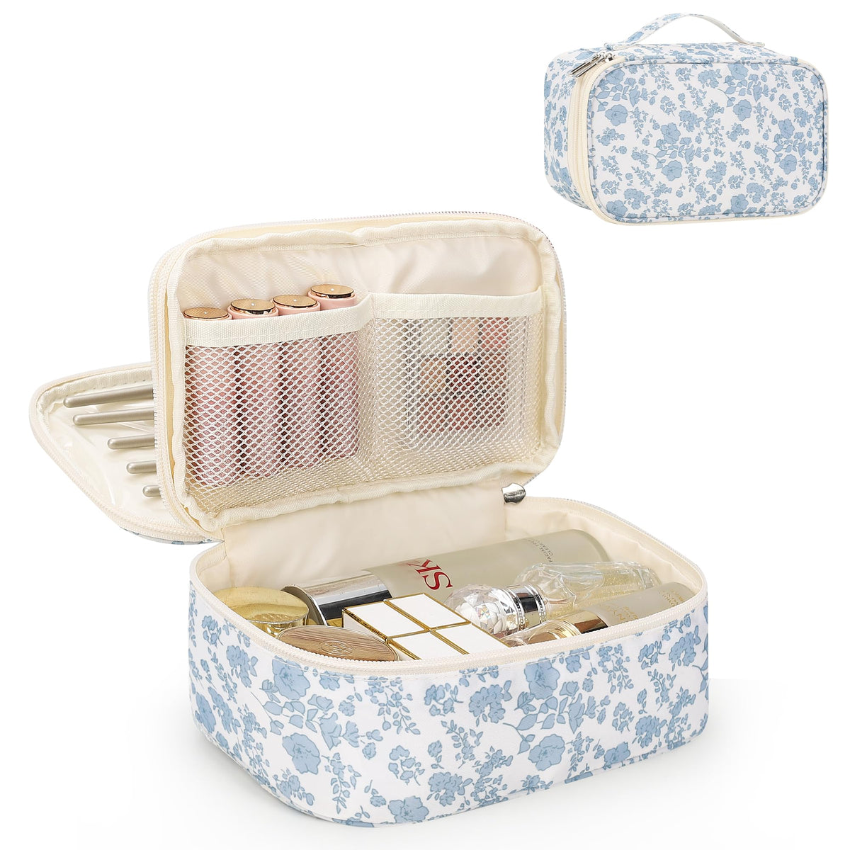 Relavel Travel Makeup Bag, Small Floral Cosmetic Bag with Makeup Brush Compartment, Portable Makeup Pouch for Women, Double Layer Makeup Organizer Bag Cute Toiletry Bag