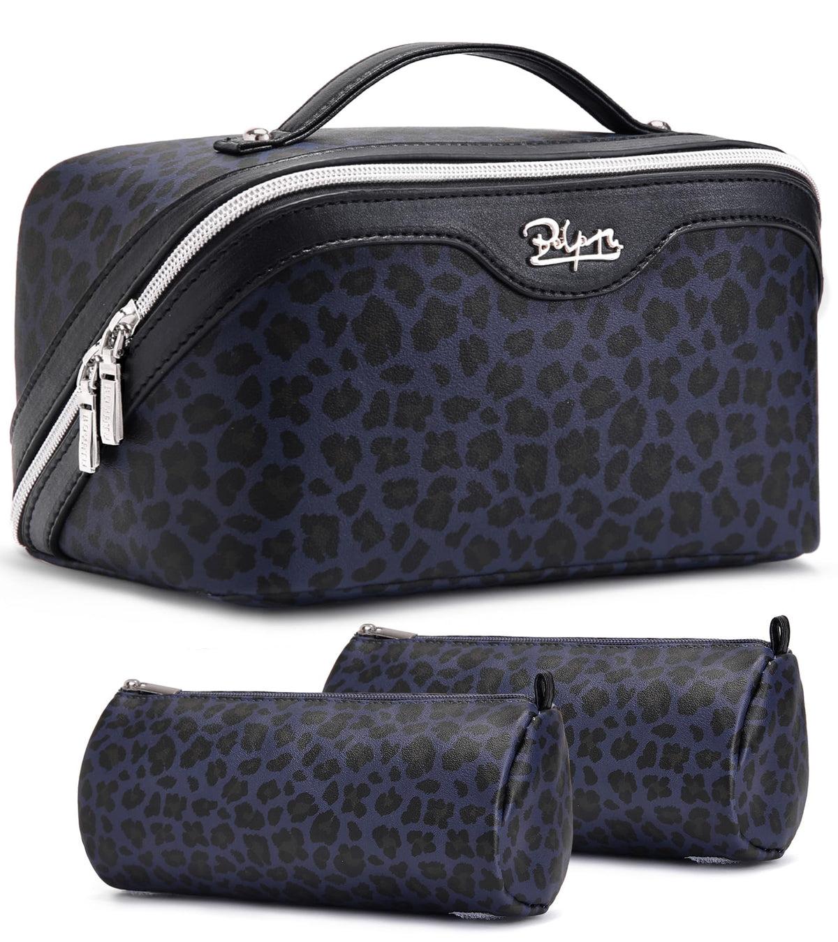 BOYATU Travel Makeup Bags Cosmetic Organizer Bag: Floral Make up Bag | 3 Pcs Set Large Capacity Makeup Bag with Compartments - Waterproof Leather Toiletry Bags with Handle for Women (Blue)