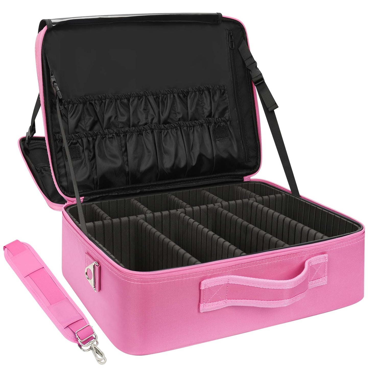 Relavel Extra Large Makeup Case Travel Makeup Train Case Professional Makeup Artist Bag Portable Nail Organizer Box Art Supply Case with Adjustable Dividers/Attach to Trolley/Shoulder Strap (Black)