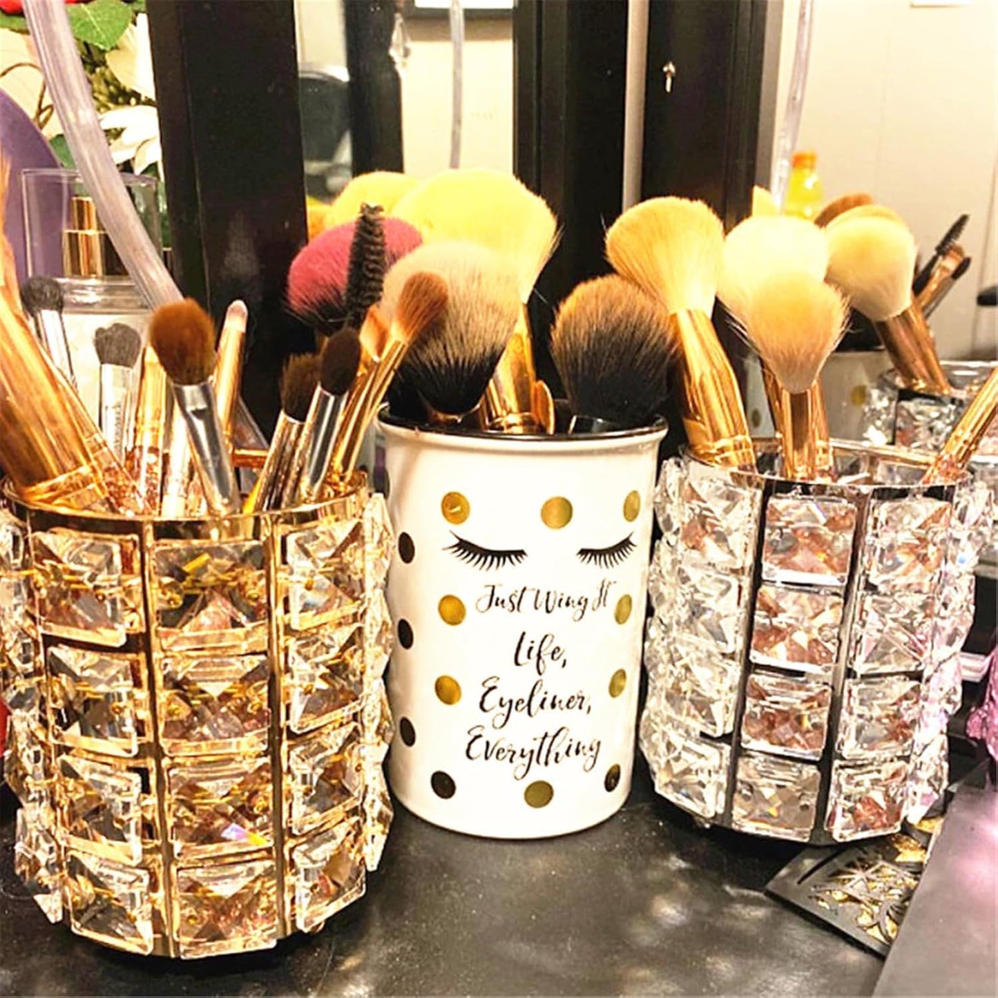 LUGUNU Makeup Brush Holder Organizer Crystal Vanity Decor Bling Personalized Comb Brushes Pen Storage Box Container (Gold 1 Pack)