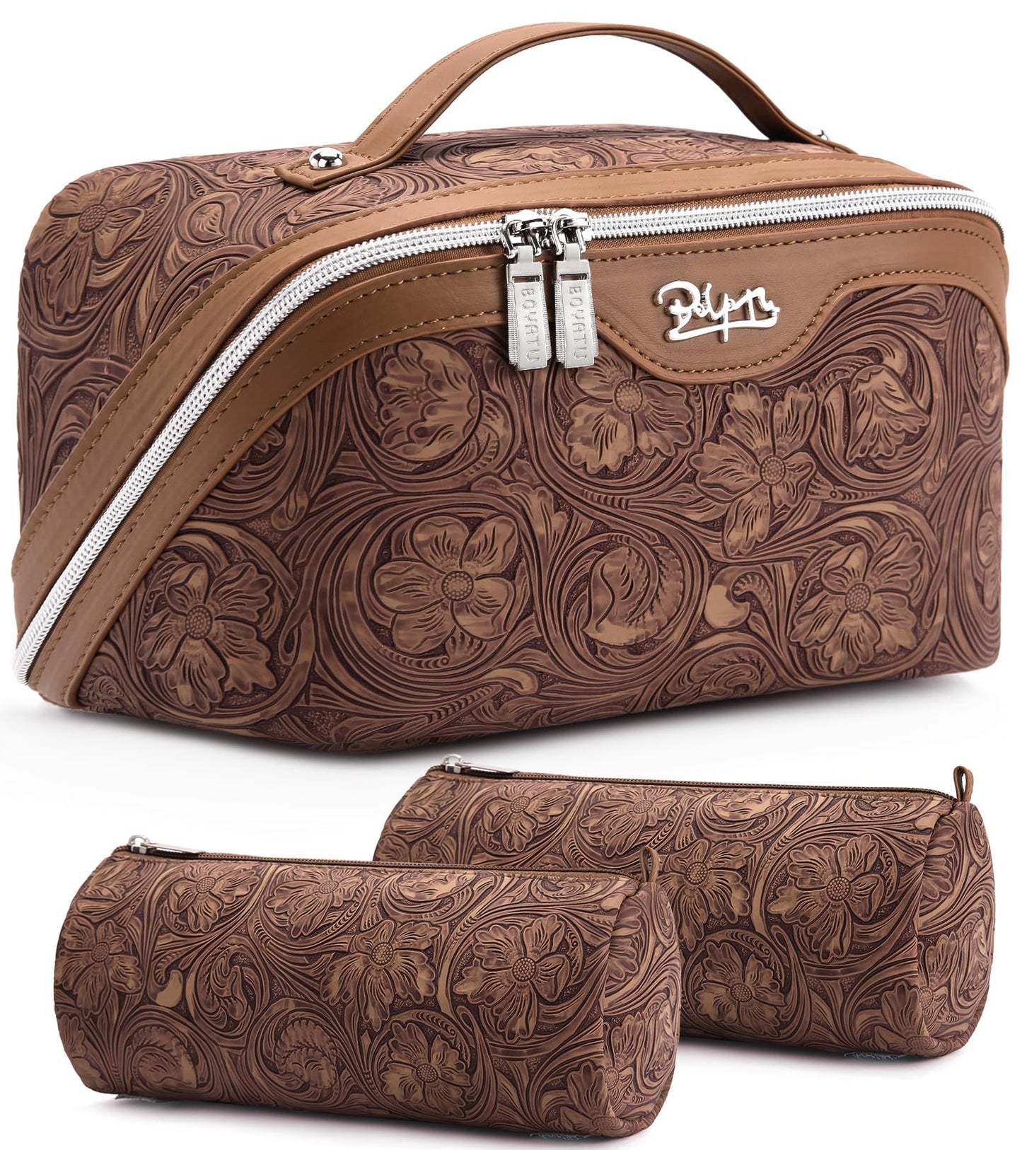 BOYATU Travel Makeup Bags Cosmetic Organizer Bag: Floral Make up Bag | 3 Pcs Set Large Capacity Makeup Bag with Compartments - Waterproof Leather Toiletry Bags with Handle for Women (Blue)