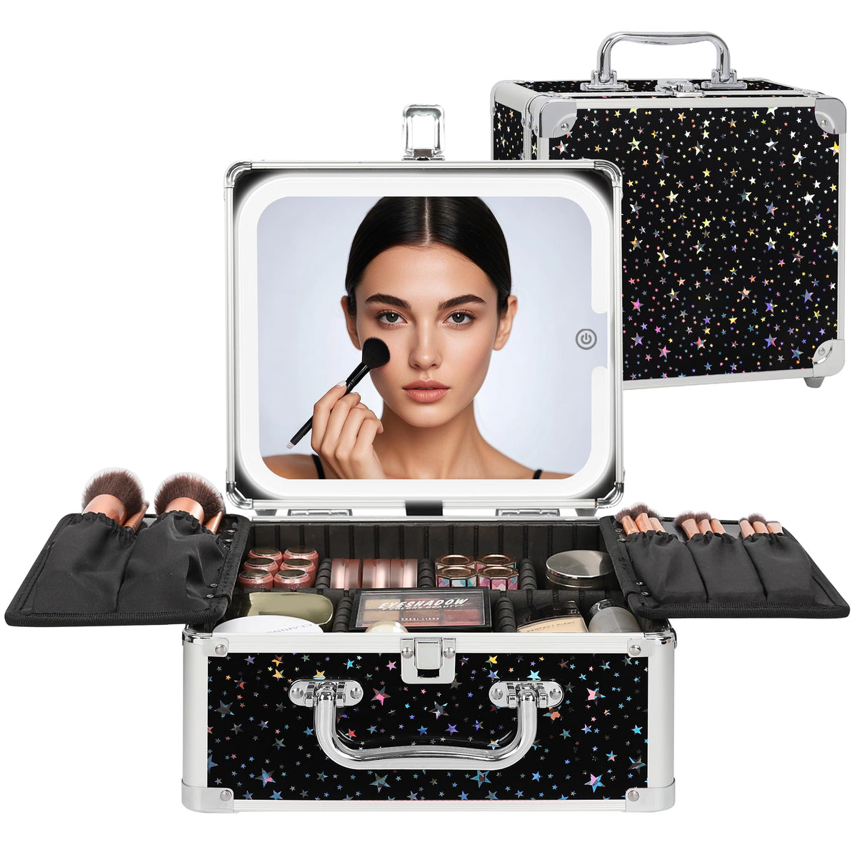 Relavel Makeup Bag with LED Mirror, Makeup Box Travel Train Case with Rechargeable Lighted Mirror & Adjustable Dividers, Cosmetic Brush Organizer Storage for Makeup Artists Gifts for Women and Girls