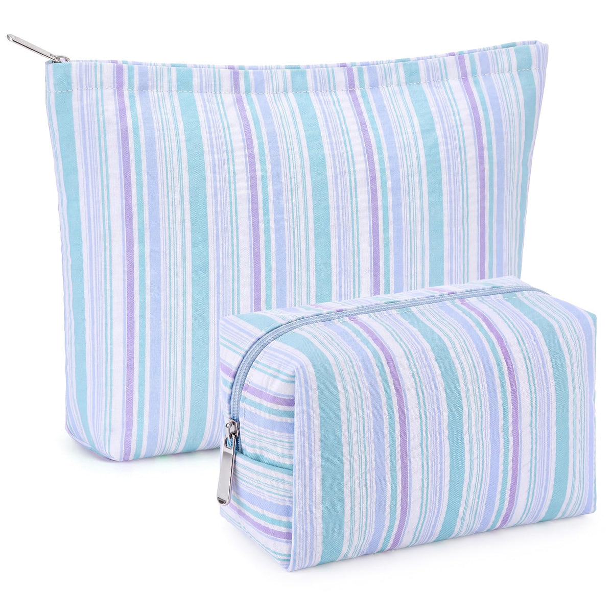 Huhumy 2 Pcs Makeup Bag Set for Women, Khaki, Thin Striped Seersucker