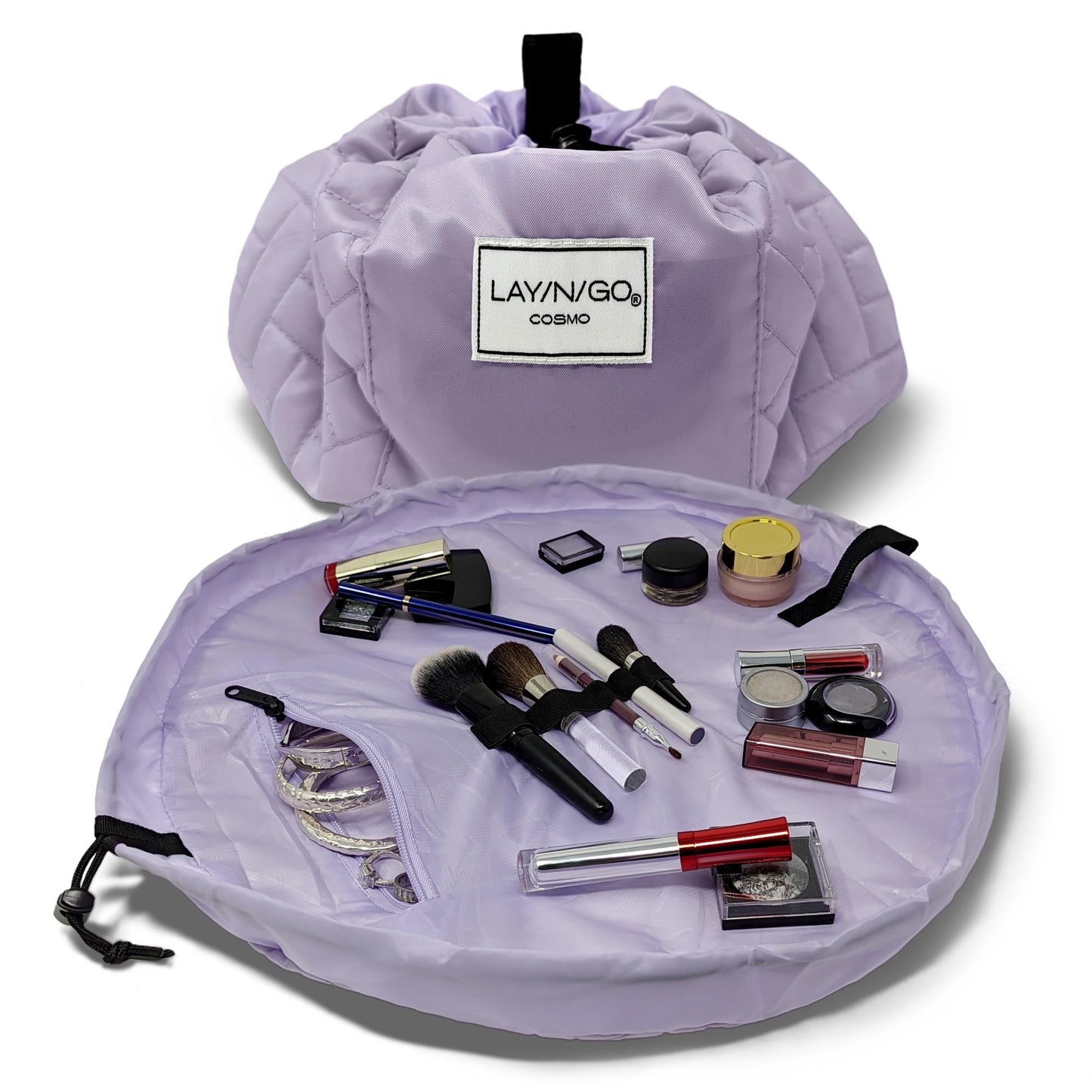 Lay-n-Go Cosmo Layflat Drawstring Cosmetic & Makeup Bag Organizer w/Zipper Pocket, Brush Loops & More, Cinch to Close, Lay Flat to Use, Durable, Machine Wash, Travel Toiletry Bag (20", Dogs)