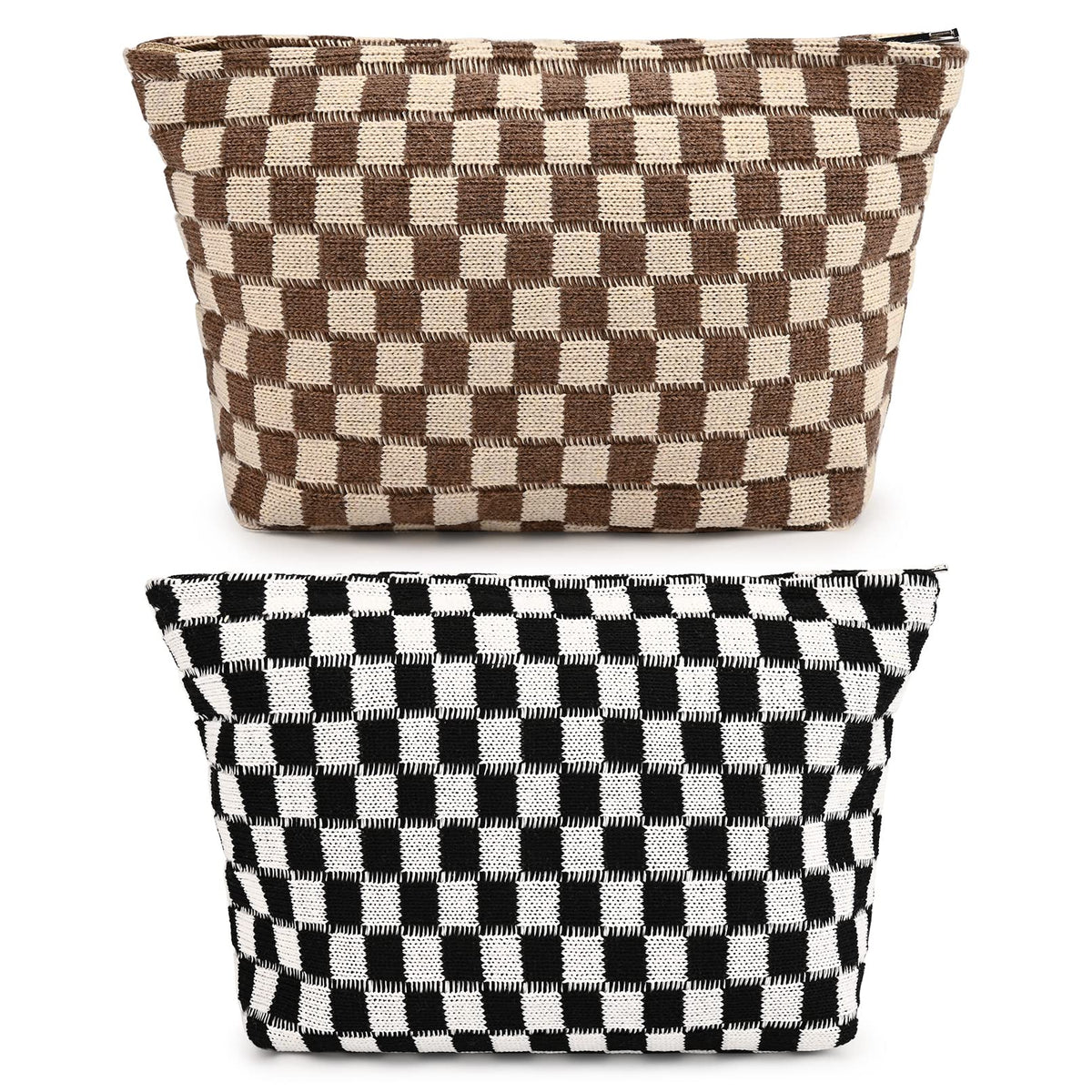 SOIDRAM 2 Pieces Makeup Bag Large Checkered Cosmetic Bag Capacity Canvas Mix Travel Toiletry Bag Organizer Cute Makeup Brushes Aesthetic Accessories Storage Bag for Women, Checkered Mix Rose Red