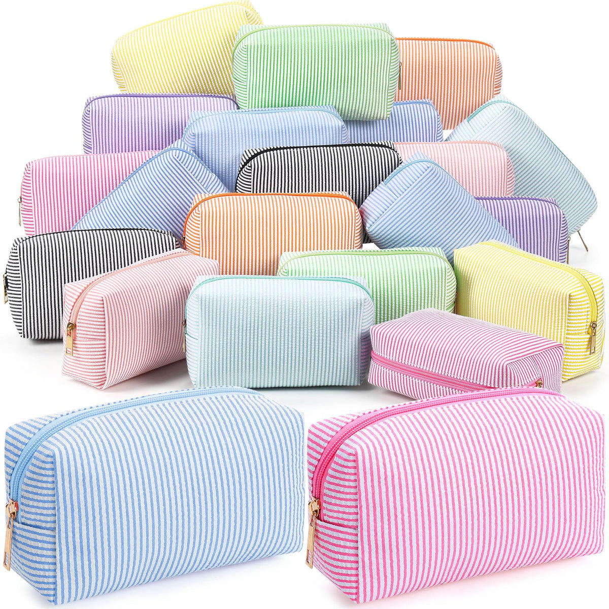 Sanwuta 6 Pcs Seersucker Cosmetic Bags Bulk, Striped Zippered,Khaki