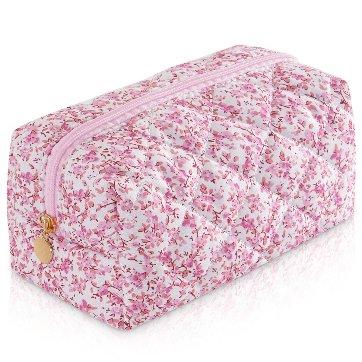 Makeup Bag Travel Toiletry Bag for Women, Small Cosmetic Bags Cute Quilted Cotton Makeup Pouch for Purse Emergency Bag Pencil Case Accessory Bag, Pastel Pink