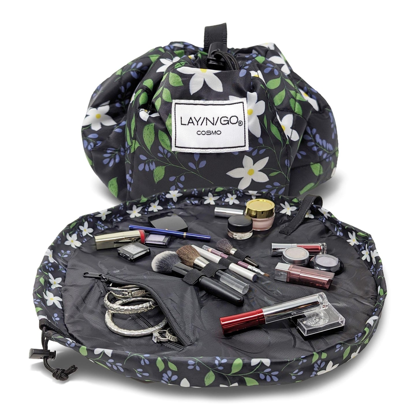 Lay-n-Go Cosmo Layflat Drawstring Cosmetic & Makeup Bag Organizer w/Zipper Pocket, Brush Loops & More, Cinch to Close, Lay Flat to Use, Durable, Machine Wash, Travel Toiletry Bag (20", Dogs)
