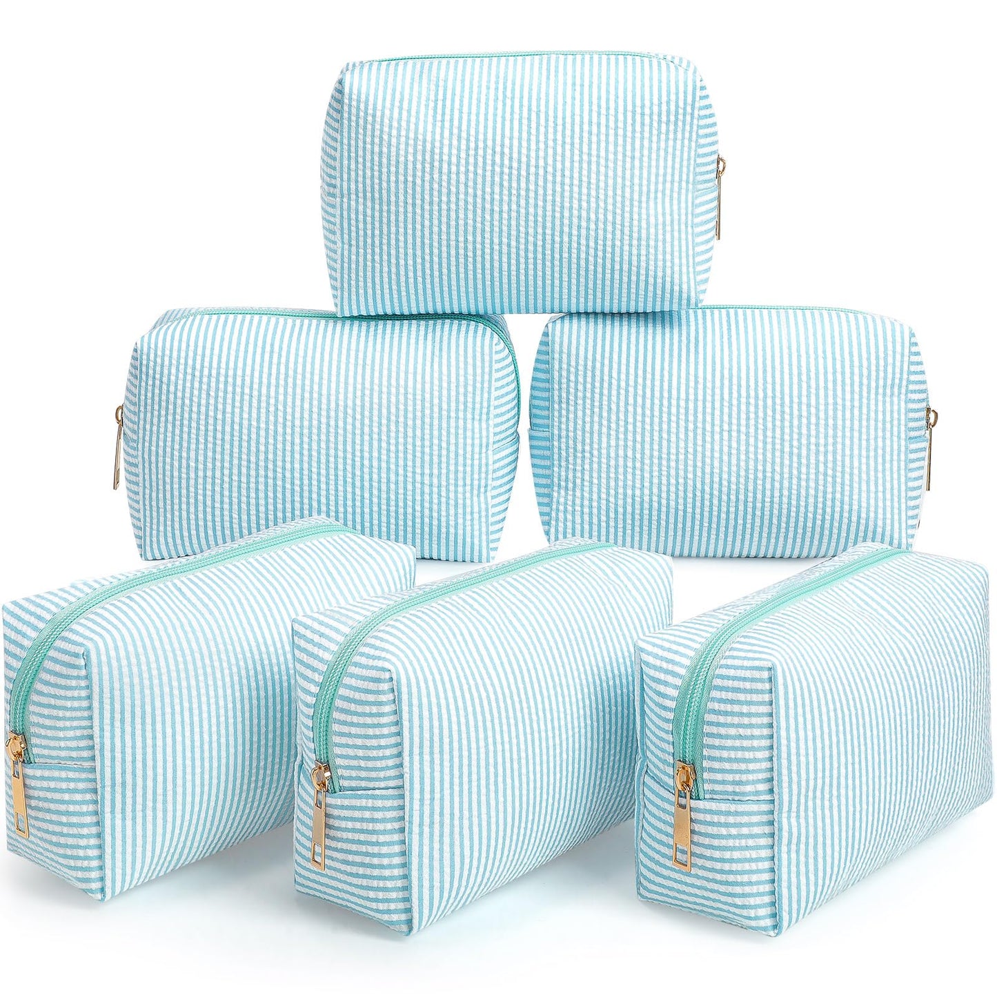 Sanwuta 6 Pcs Seersucker Cosmetic Bags Bulk, Striped Zippered,Khaki