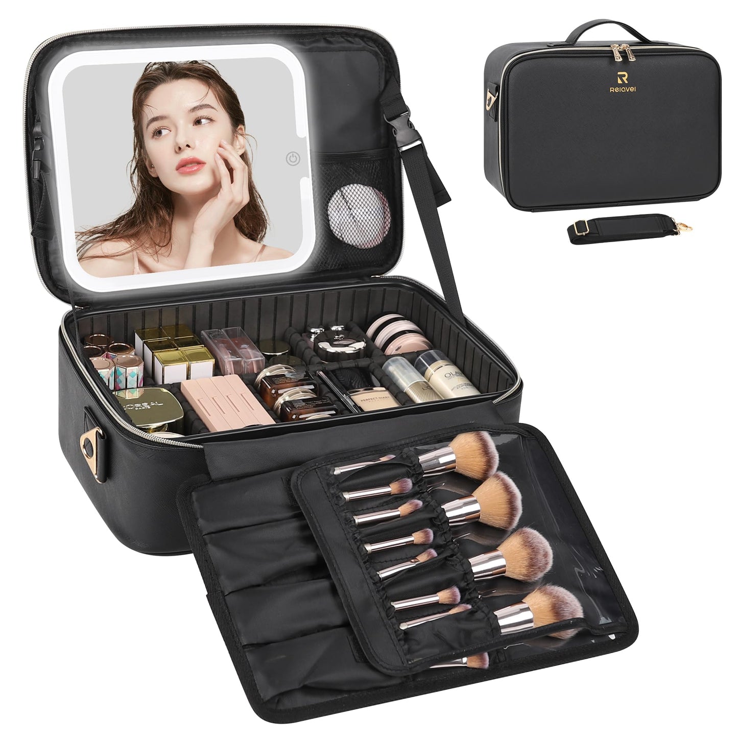 Relavel Travel Makeup Bag With LED Mirror, Cosmetic Train Case with Light up Mirror, Portable Makeup Artist Organizer Bag with Adjustable Dividers, Makeup Brush Holder Storage, Black