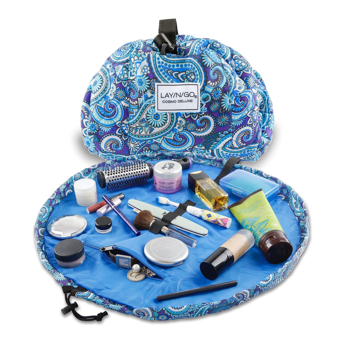 Lay-n-Go Cosmo Layflat Drawstring Cosmetic & Makeup Bag Organizer w/Zipper Pocket, Brush Loops & More, Cinch to Close, Lay Flat to Use, Durable, Machine Wash, Travel Toiletry Bag (20", Dogs)