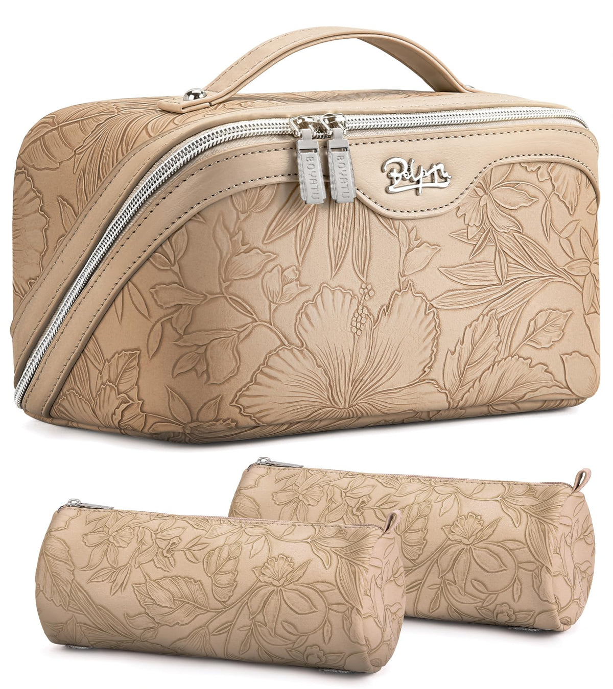 BOYATU Travel Makeup Bags Cosmetic Organizer Bag: Floral Make up Bag | 3 Pcs Set Large Capacity Makeup Bag with Compartments - Waterproof Leather Toiletry Bags with Handle for Women (Blue)