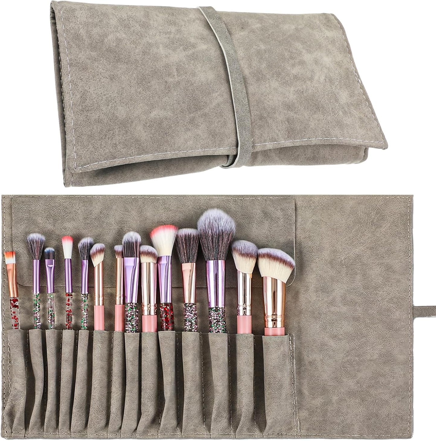 Xinjoduz 1 PCS Makeup Brush Holder Organizer, PU Leather Travel Makeup Brush Pouch Case Roll Up Cosmetic Bags for Women Cosmetic Brushes Make Up Artist - Brushes Not included (Gray)