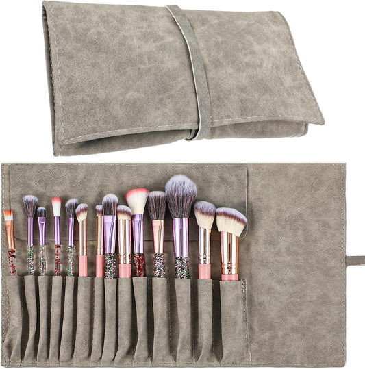 Xinjoduz 1 PCS Makeup Brush Holder Organizer, PU Leather Travel Makeup Brush Pouch Case Roll Up Cosmetic Bags for Women Cosmetic Brushes Make Up Artist - Brushes Not included (Gray)