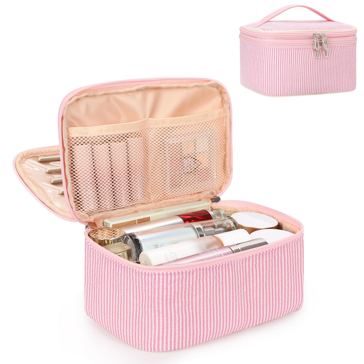 Relavel Travel Makeup Bag, Small Floral Cosmetic Bag with Makeup Brush Compartment, Portable Makeup Pouch for Women, Double Layer Makeup Organizer Bag Cute Toiletry Bag