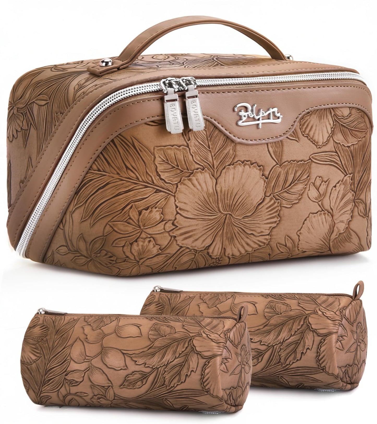 BOYATU Travel Makeup Bags Cosmetic Organizer Bag: Floral Make up Bag | 3 Pcs Set Large Capacity Makeup Bag with Compartments - Waterproof Leather Toiletry Bags with Handle for Women (Blue)