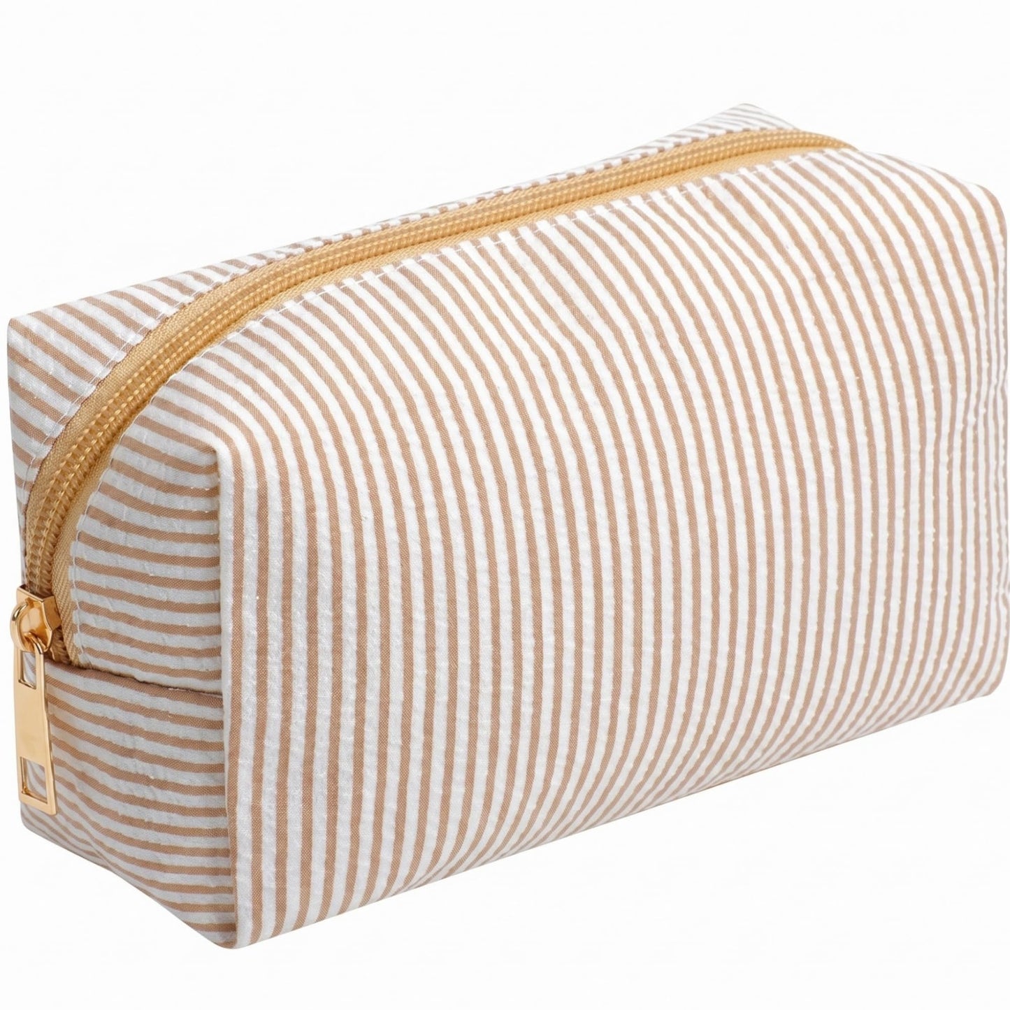 Sanwuta 6 Pcs Seersucker Cosmetic Bags Bulk, Striped Zippered,Khaki