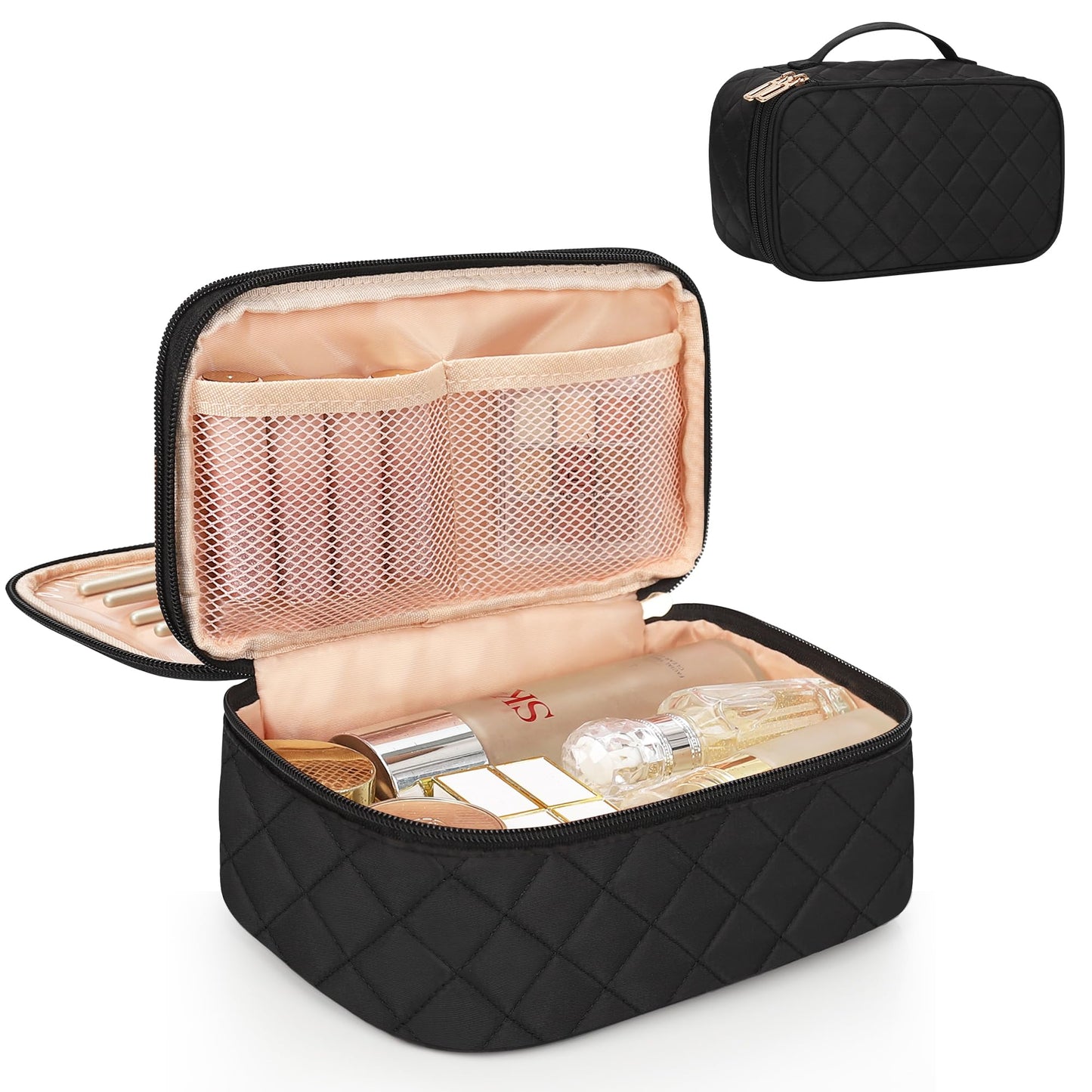 Relavel Travel Makeup Bag, Small Floral Cosmetic Bag with Makeup Brush Compartment, Portable Makeup Pouch for Women, Double Layer Makeup Organizer Bag Cute Toiletry Bag