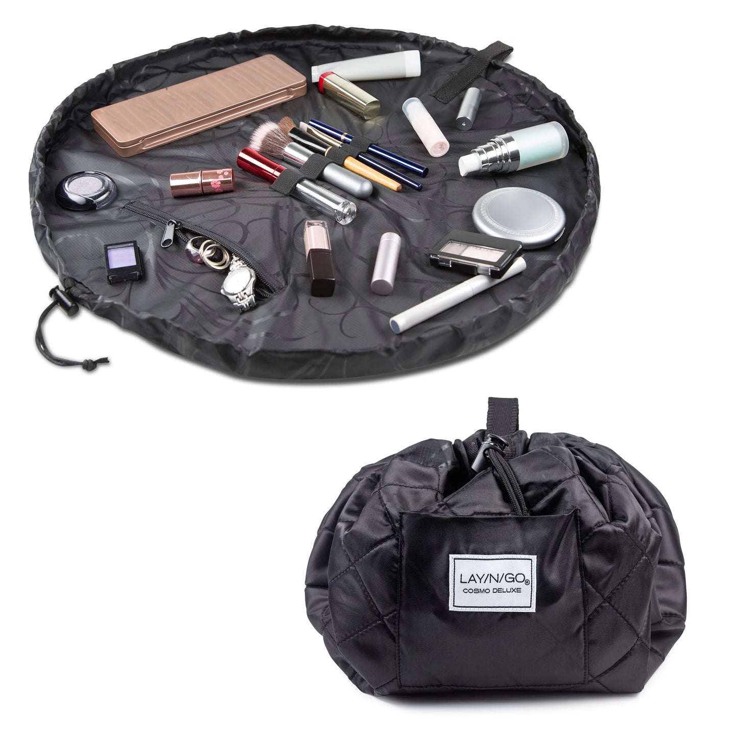 Lay-n-Go Cosmo Layflat Drawstring Cosmetic & Makeup Bag Organizer w/Zipper Pocket, Brush Loops & More, Cinch to Close, Lay Flat to Use, Durable, Machine Wash, Travel Toiletry Bag (20", Dogs)