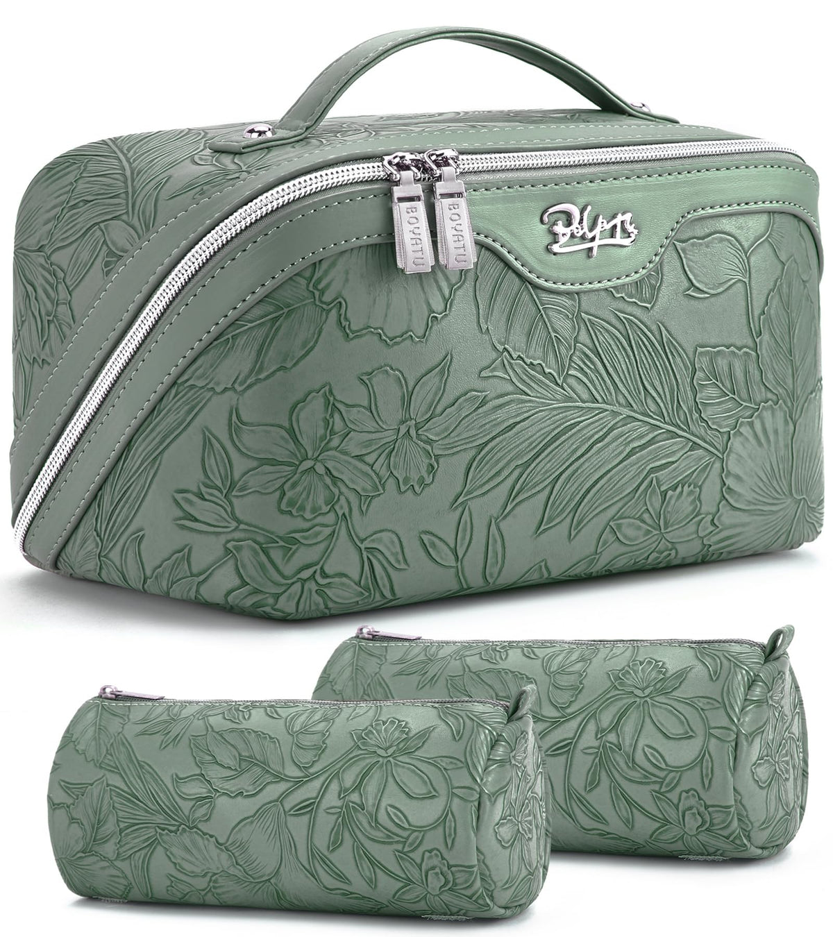 BOYATU Travel Makeup Bags Cosmetic Organizer Bag: Floral Make up Bag | 3 Pcs Set Large Capacity Makeup Bag with Compartments - Waterproof Leather Toiletry Bags with Handle for Women (Blue)