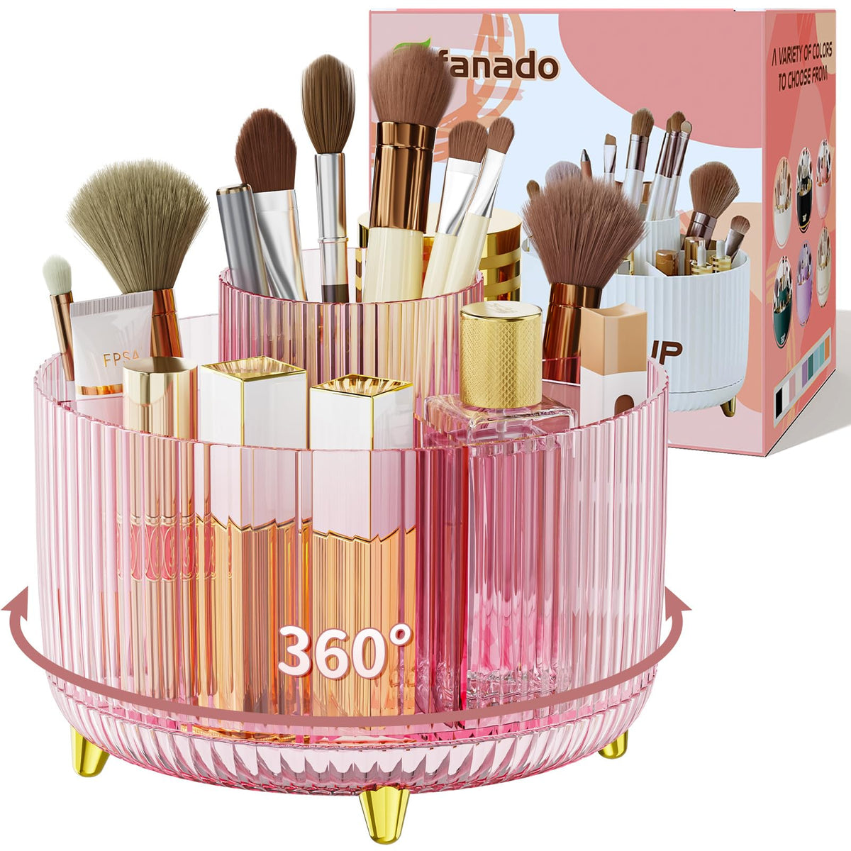 fanado 360° Rotate Makeup Brush Holder Organizer, Makeup Organizers Countertop, Makeup organization and Skincare Storage for Vanity, Desktop, Bathroom (White)