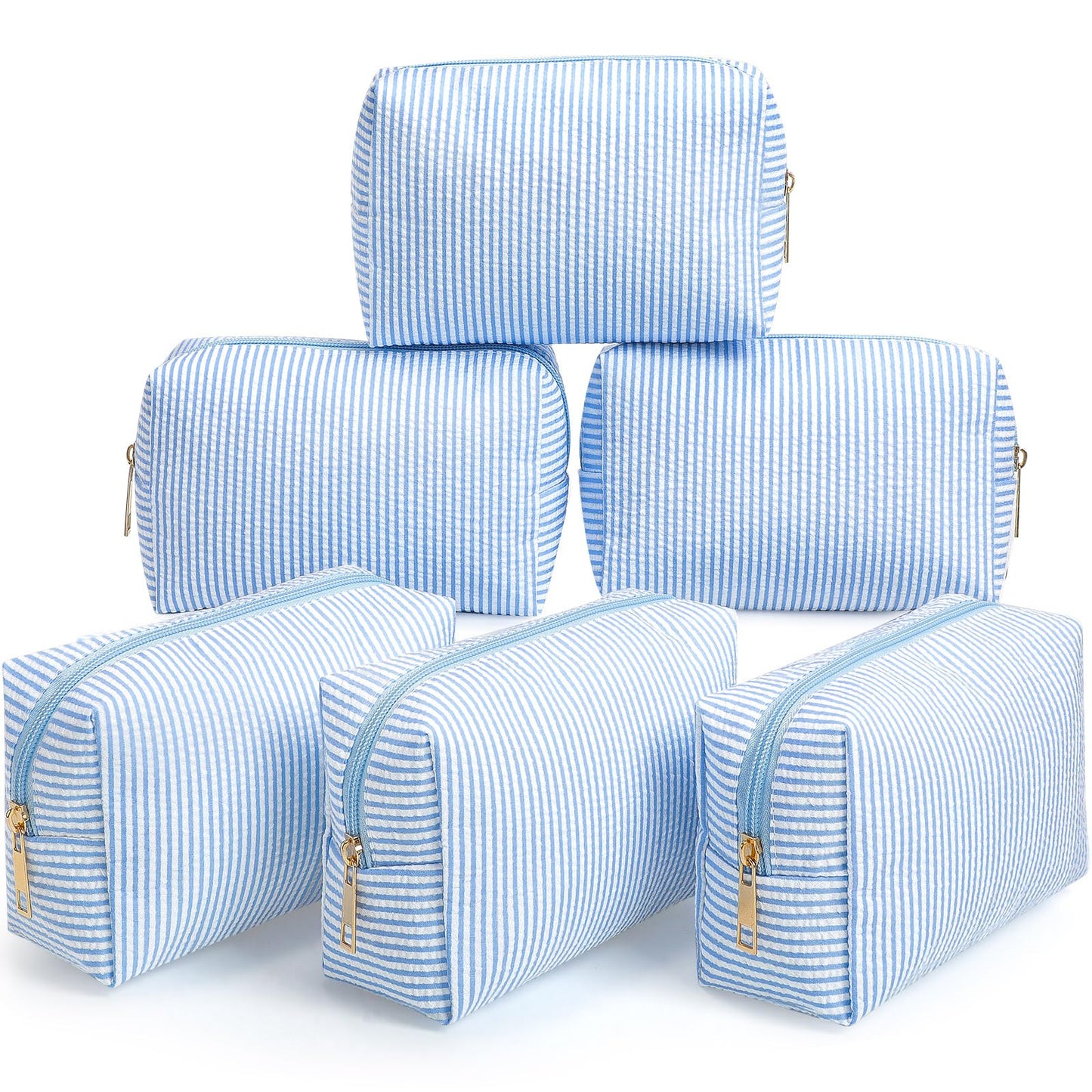 Sanwuta 6 Pcs Seersucker Cosmetic Bags Bulk, Striped Zippered,Khaki