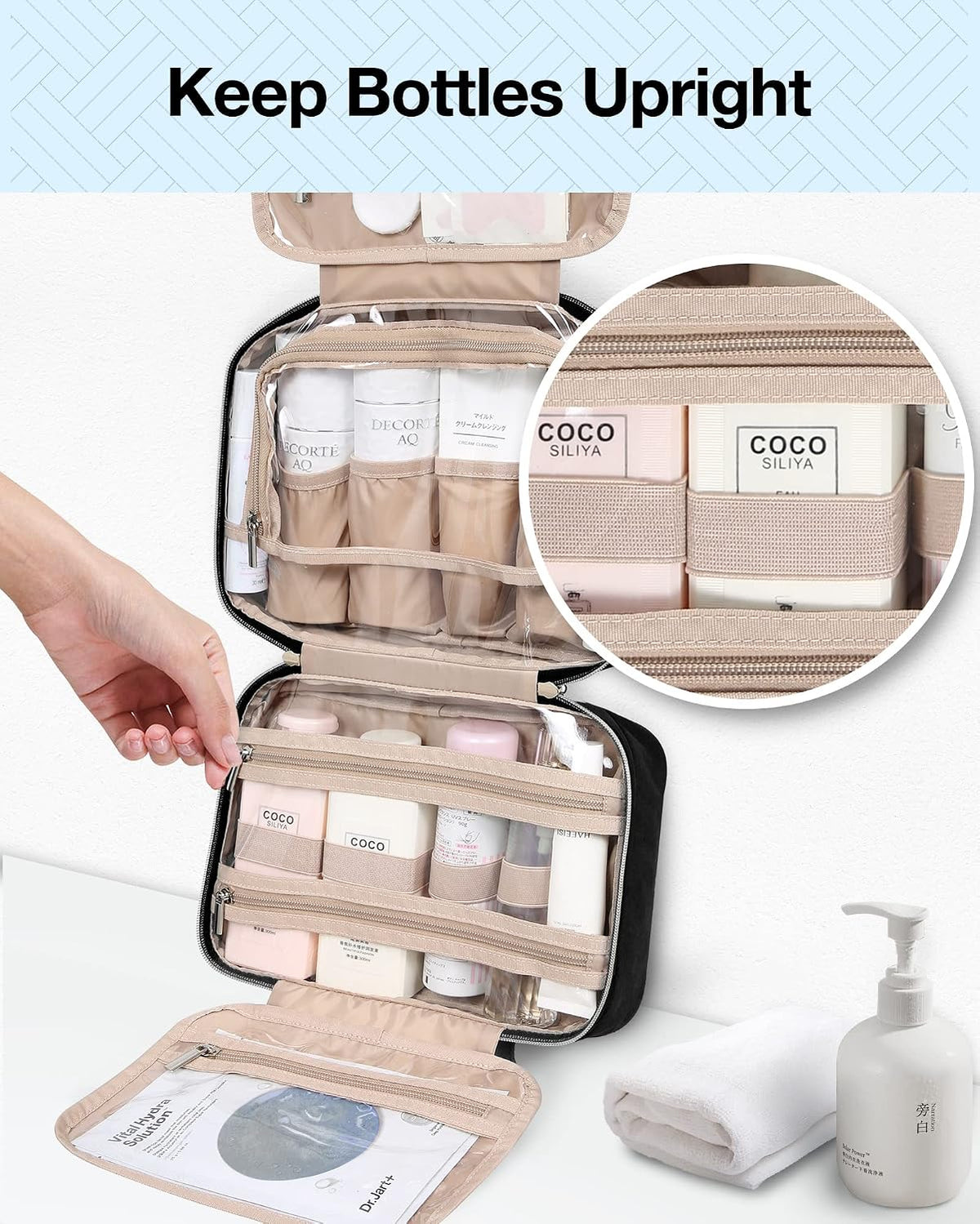 BAGSMART Toiletry Bag Hanging Travel Makeup Organizer with TSA Approved Transparent Cosmetic Bag Makeup Bag for Full Sized Toiletries, Medium-Black