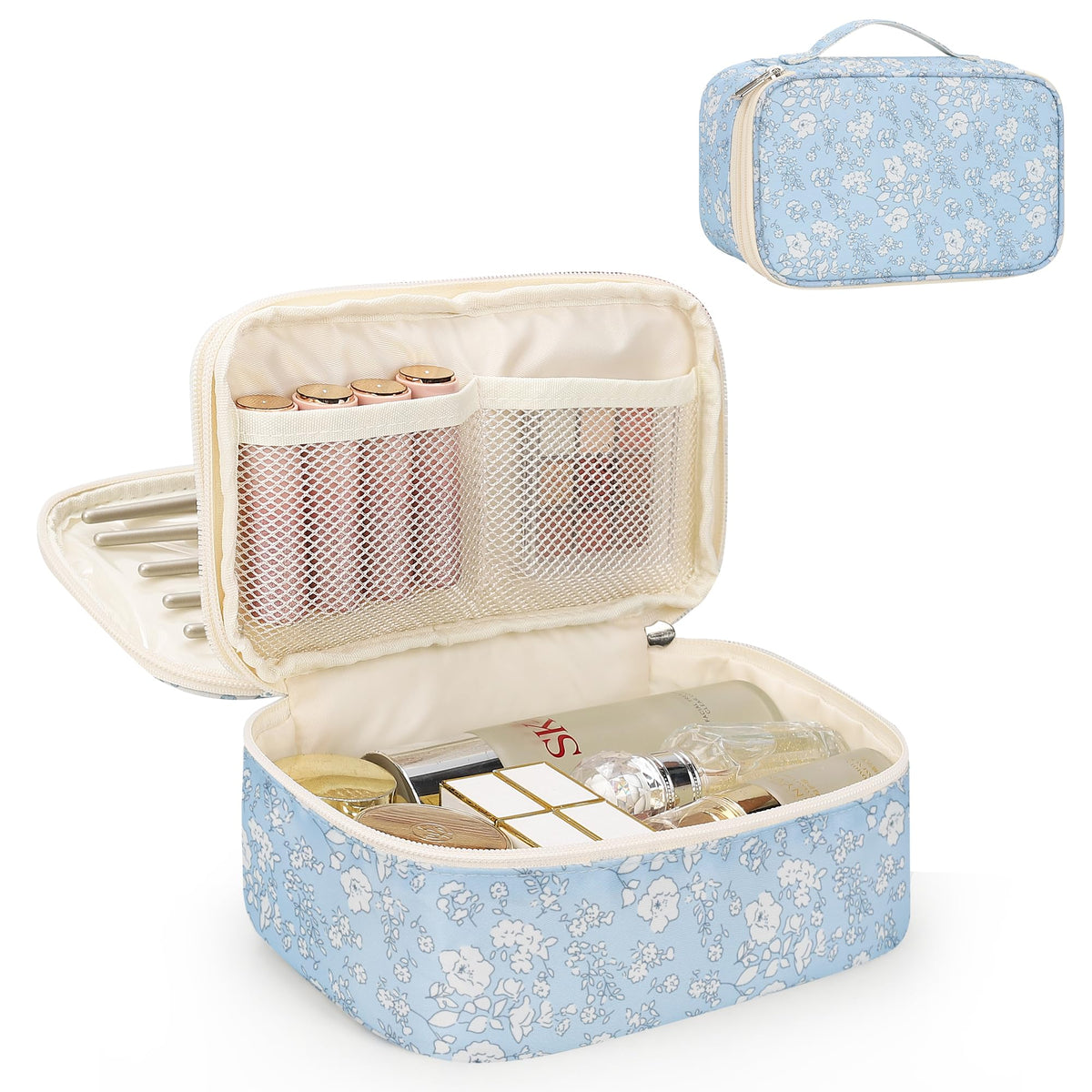 Relavel Travel Makeup Bag, Small Floral Cosmetic Bag with Makeup Brush Compartment, Portable Makeup Pouch for Women, Double Layer Makeup Organizer Bag Cute Toiletry Bag