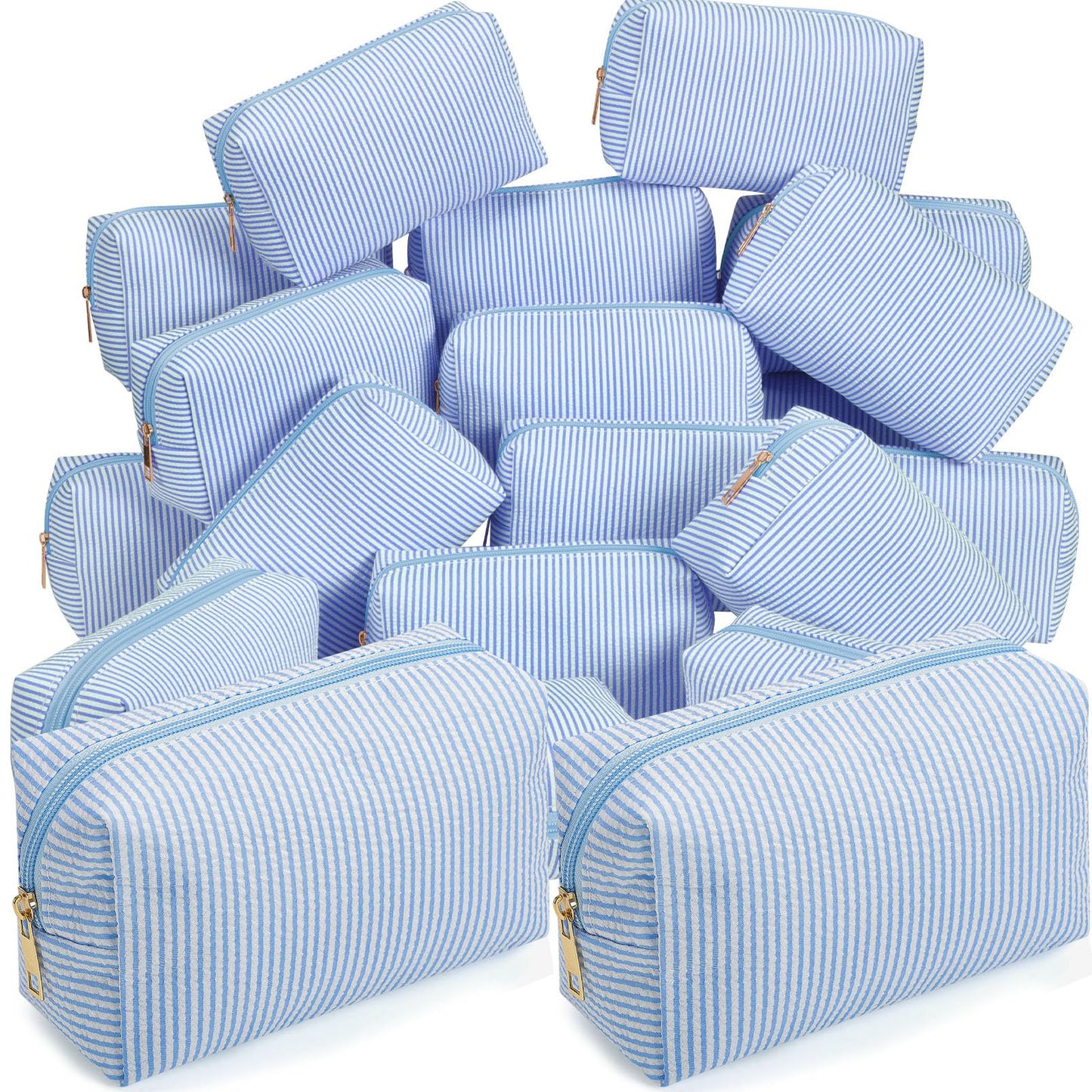 Sanwuta 6 Pcs Seersucker Cosmetic Bags Bulk, Striped Zippered,Khaki