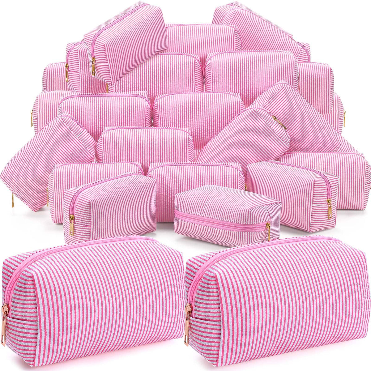 Sanwuta 6 Pcs Seersucker Cosmetic Bags Bulk, Striped Zippered,Khaki