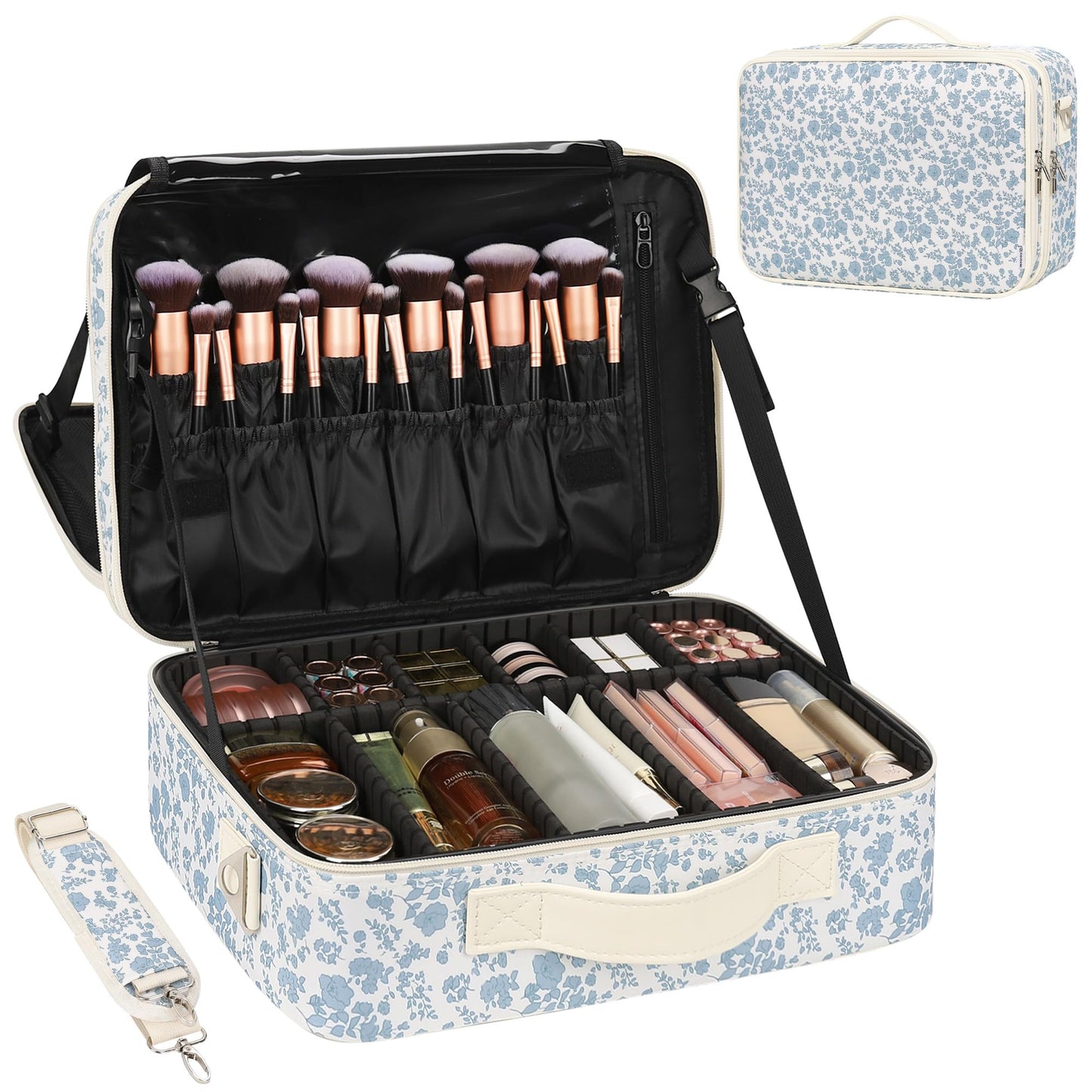 Relavel Makeup Case Large Makeup Bag Professional Train Case 16.5 inches Travel Cosmetic Organizer Brush Holder Waterproof Makeup Artist Storage Box, 3 Layer Large Capacity, with Adjustable Strap