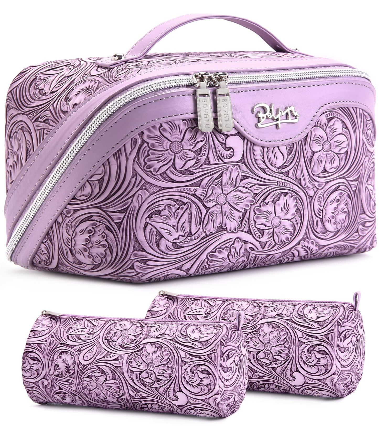 BOYATU Travel Makeup Bags Cosmetic Organizer Bag: Floral Make up Bag | 3 Pcs Set Large Capacity Makeup Bag with Compartments - Waterproof Leather Toiletry Bags with Handle for Women (Blue)