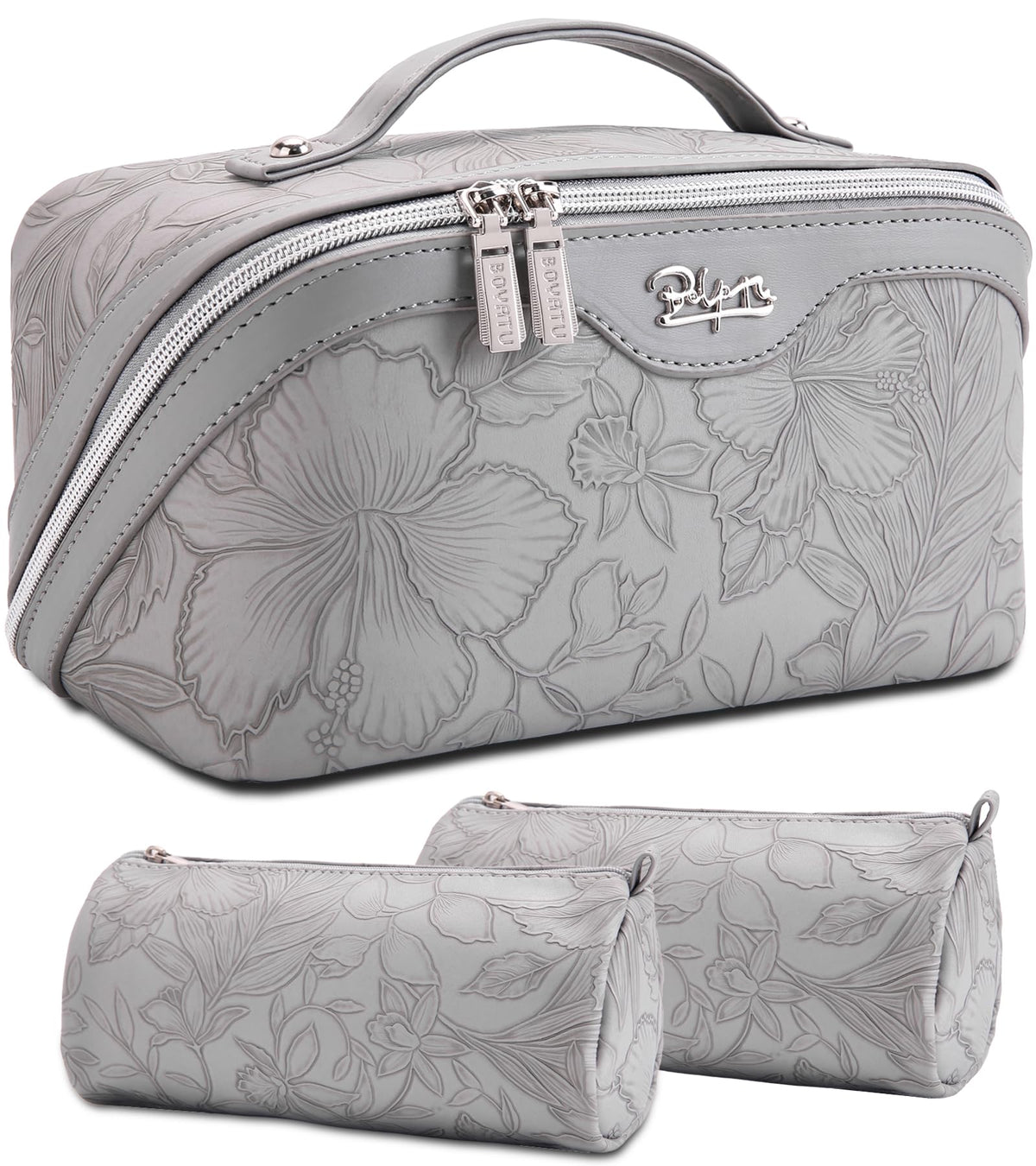BOYATU Travel Makeup Bags Cosmetic Organizer Bag: Floral Make up Bag | 3 Pcs Set Large Capacity Makeup Bag with Compartments - Waterproof Leather Toiletry Bags with Handle for Women (Blue)