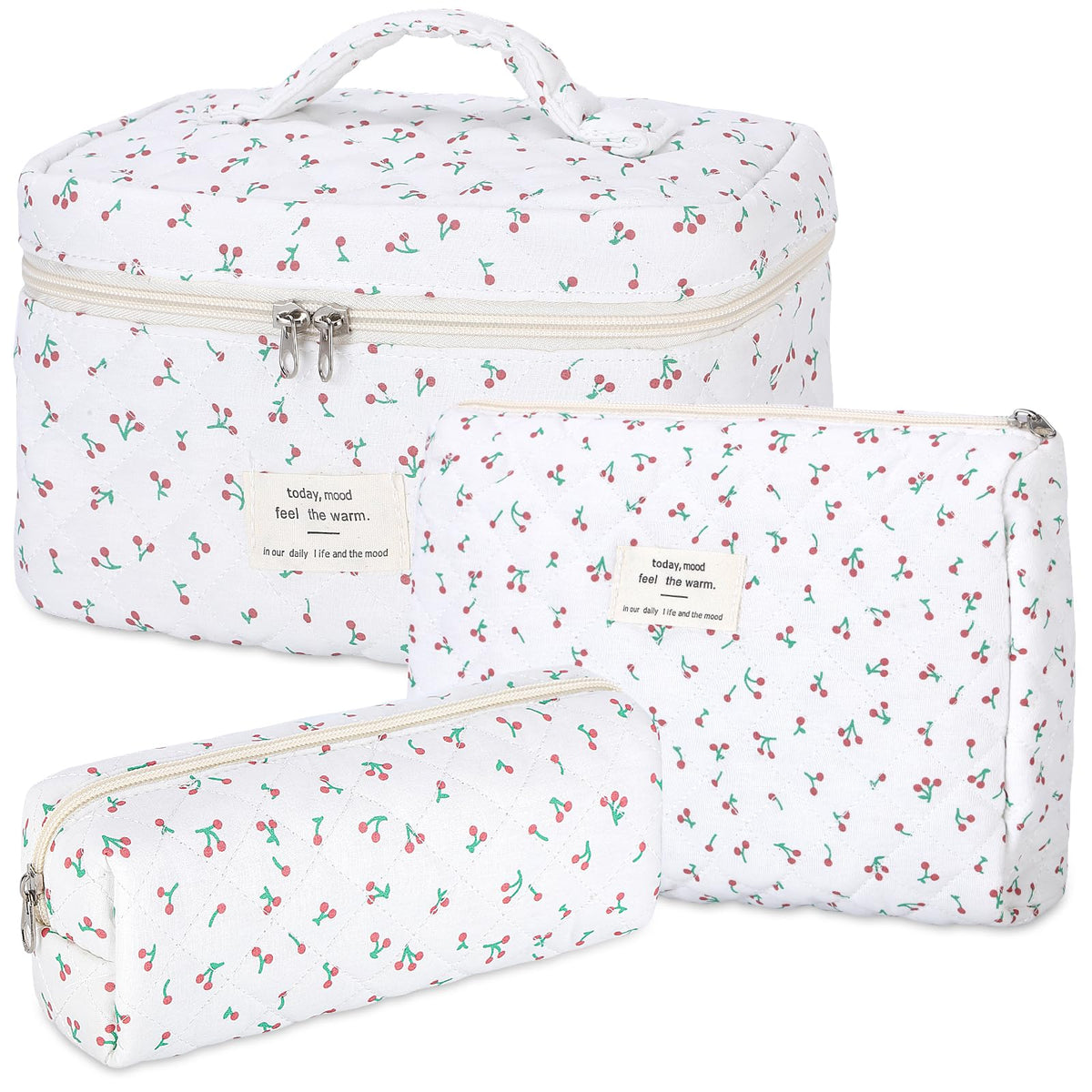 senbowe Floral Makeup Bag, 3 Pack Large Cotton Quilted Makeup Bag Set, Cute Floral Coquette Aesthetic Toiletry Bag Make Up Cosmetic Bag for Women, Toiletry Travel Make Up Organizer Bag