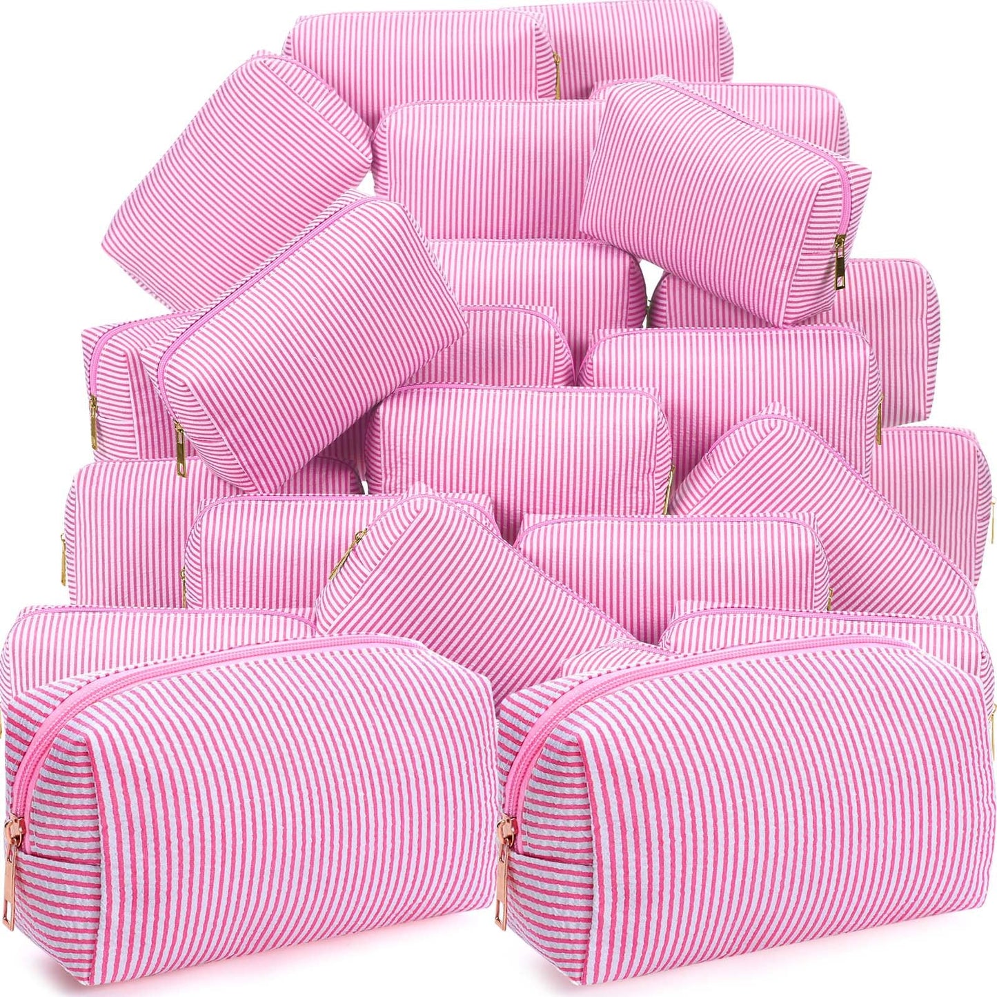 Sanwuta 6 Pcs Seersucker Cosmetic Bags Bulk, Striped Zippered,Khaki