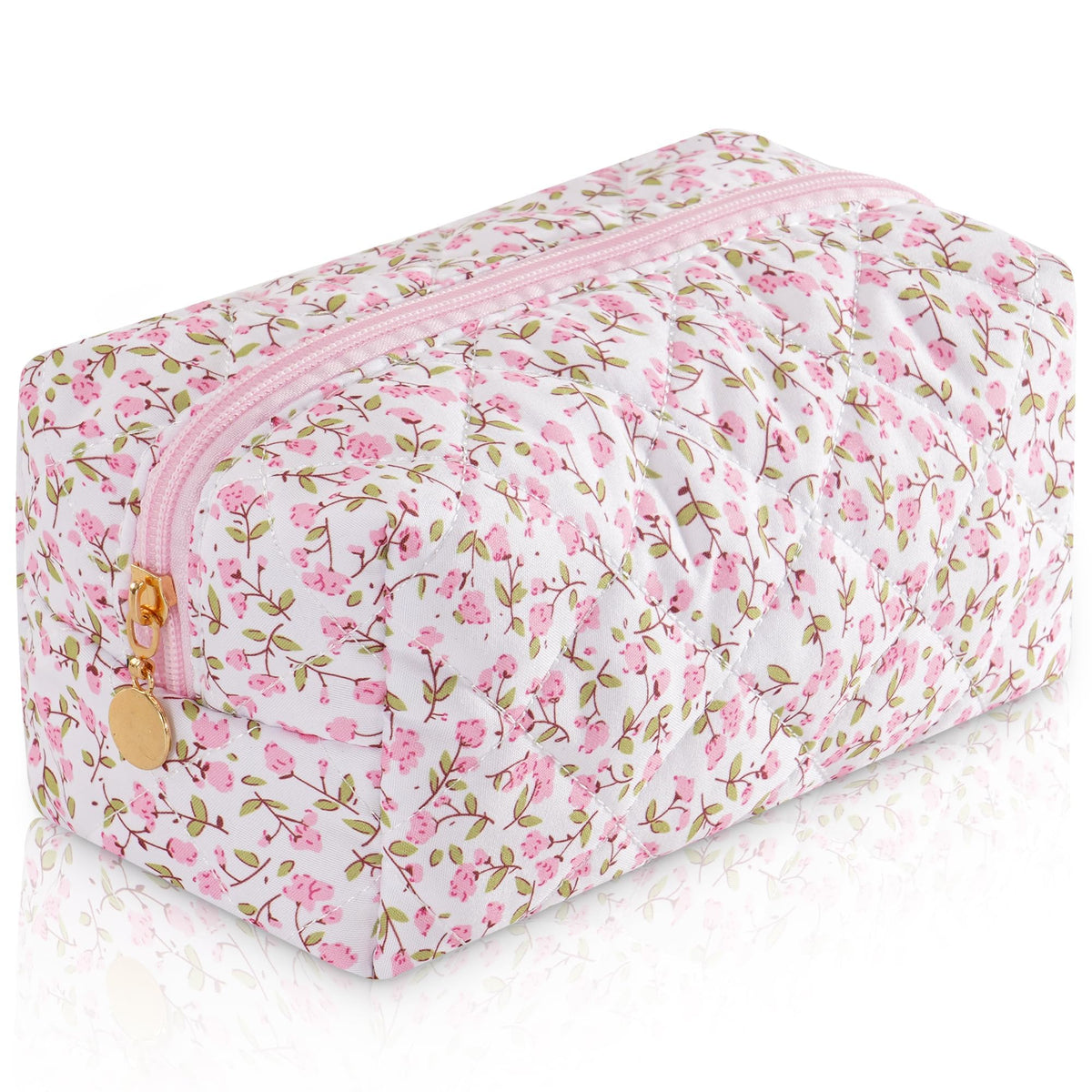 Makeup Bag Travel Toiletry Bag for Women, Small Cosmetic Bags Cute Quilted Cotton Makeup Pouch for Purse Emergency Bag Pencil Case Accessory Bag, Pastel Pink