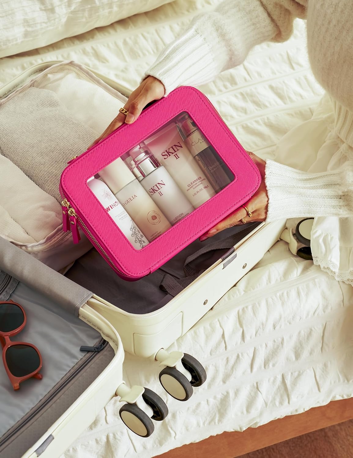 Popvibe Clear Makeup Bag Travel Cosmetic Case Transparent Toiletry Bag with Zipper, Portable Make Up Organizer Traveling Compact Car Bag for Essentials, Hotpink, Large