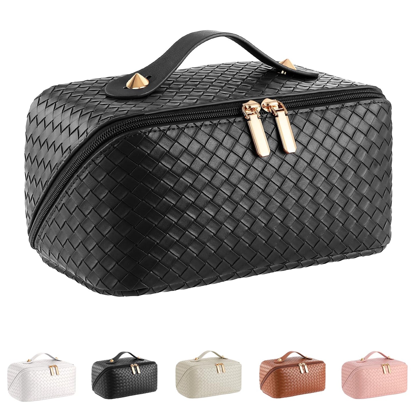 ALEXTINA Travel Makeup Bag, Large Capacity Cosmetic Bag for Women, Open Flat Make up Bag, Waterproof PU Leather Checkered Makeup Organizer Bag with Collapsible Handle,Toiletry Bag for Cosmetics, White