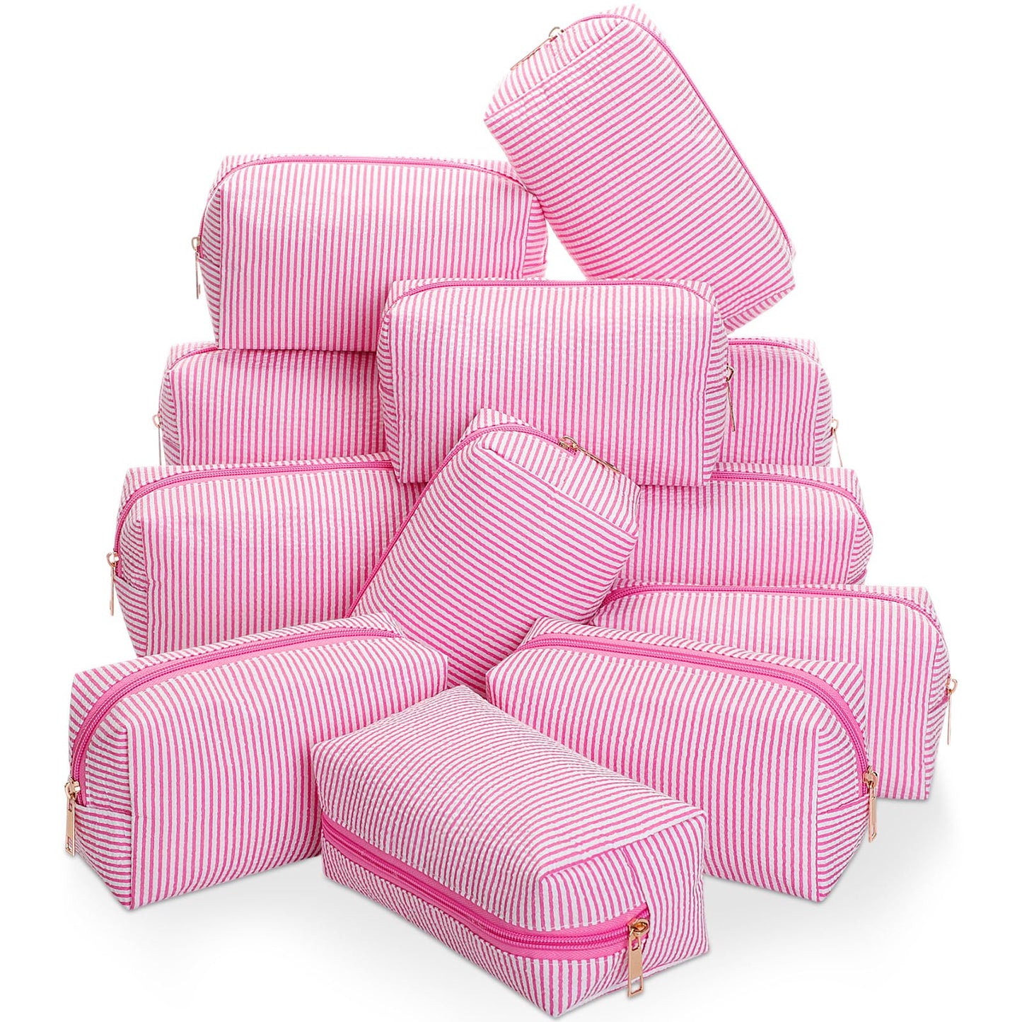 Sanwuta 6 Pcs Seersucker Cosmetic Bags Bulk, Striped Zippered,Khaki