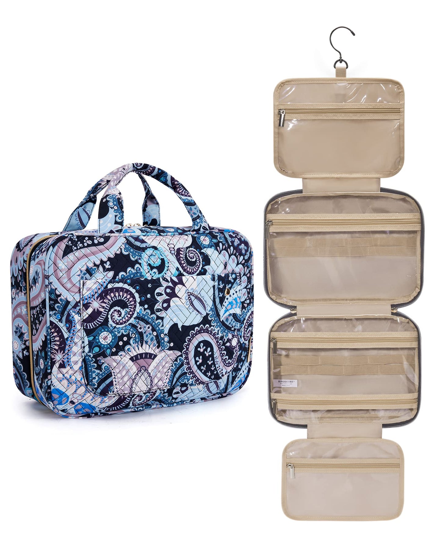 BAGSMART Toiletry Bag Travel Bag with Hanging Hook, Water-resistant Makeup Cosmetic Bag Travel Organizer for Accessories, Shampoo, Full-size Container, Toiletries (Baby Pink, Medium)
