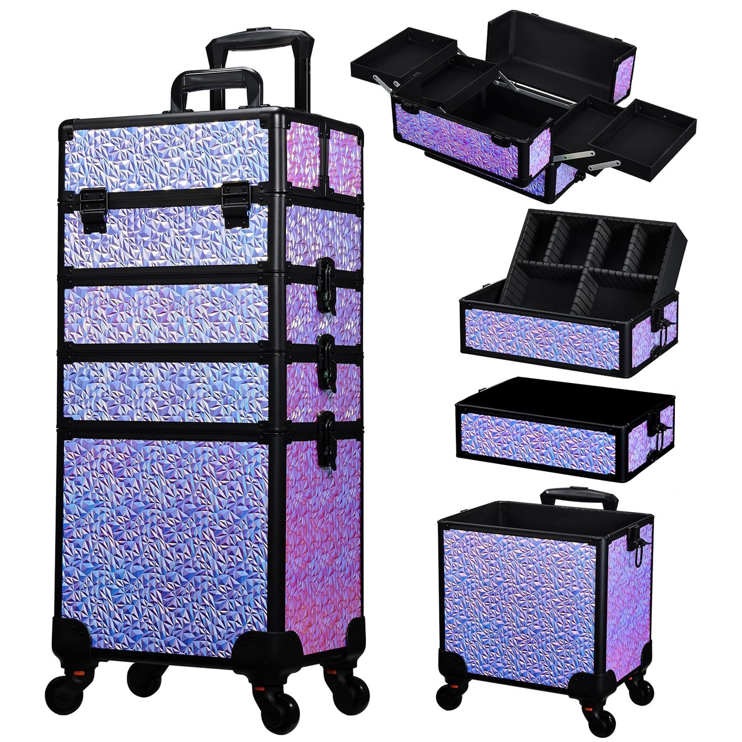 Stagiant Rolling Makeup Case Cosmetology Case on Wheels 4 in 1 Large Cosmetic Organizer Train Case Makeup Travel Case with Key Swivel Wheels Nail Artist Salon Storage Traveling Cart Trunk Black