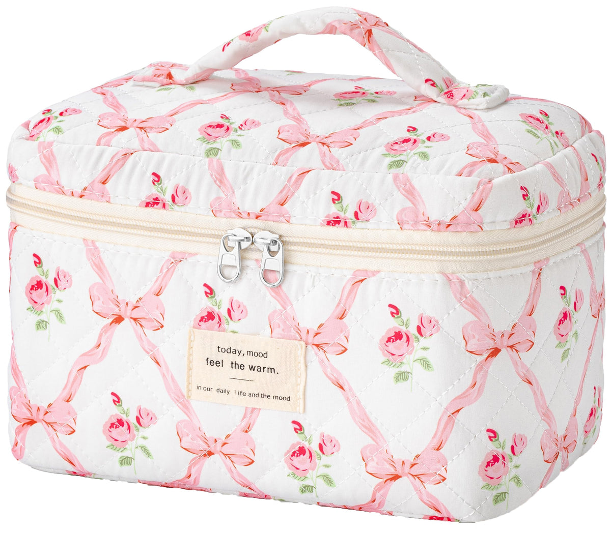 HBselect Large Quilted Makeup Bag for Women Cute Cotton Travel Cosmetic Bag | Floral Coquette Aesthetic Toiletry Organizer Bag with Handle, Portable Multifunctional Makeup Bag, Gifts for Bridesmaids