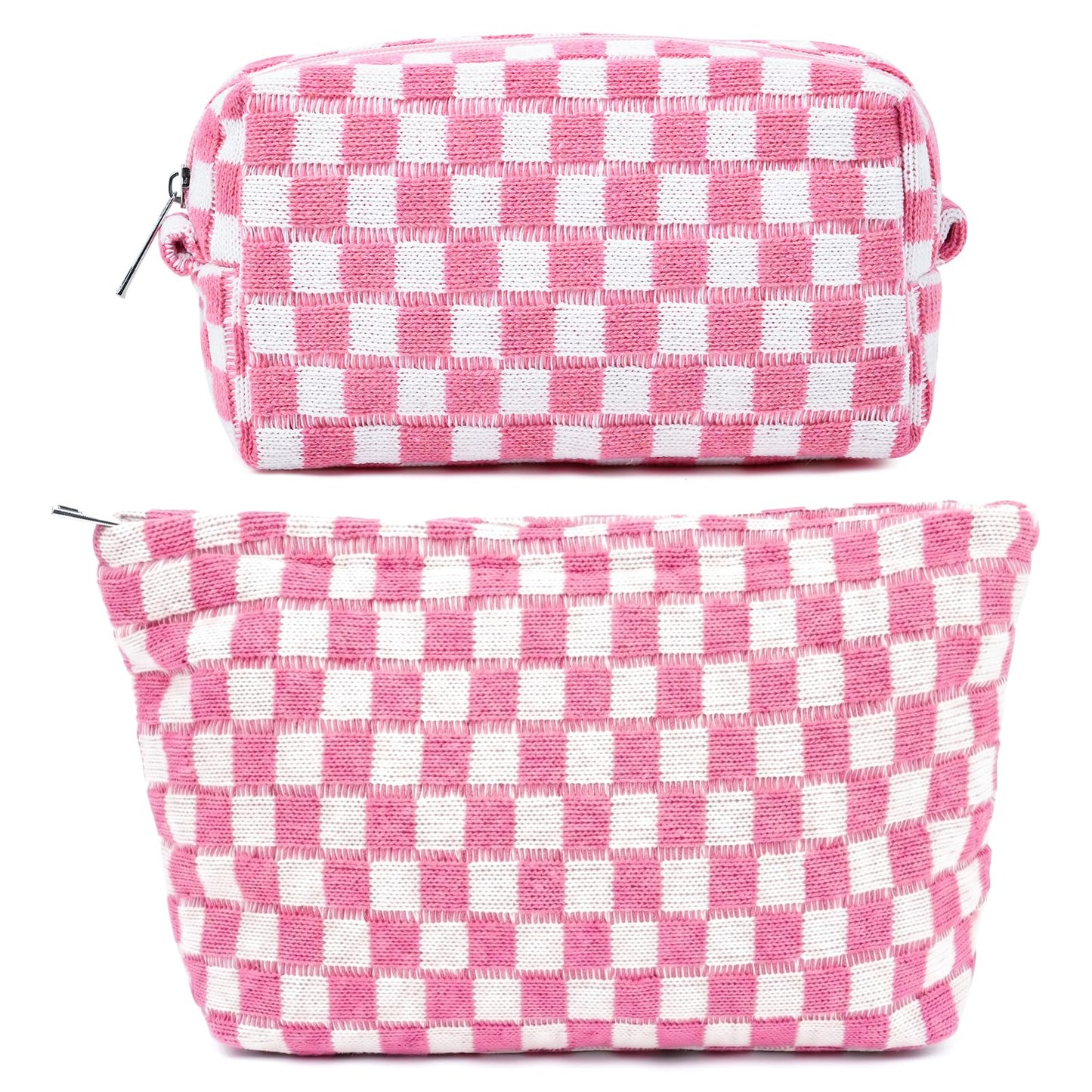 SOIDRAM 2 Pieces Makeup Bag Large Checkered Cosmetic Bag Capacity Canvas Mix Travel Toiletry Bag Organizer Cute Makeup Brushes Aesthetic Accessories Storage Bag for Women, Checkered Mix Rose Red