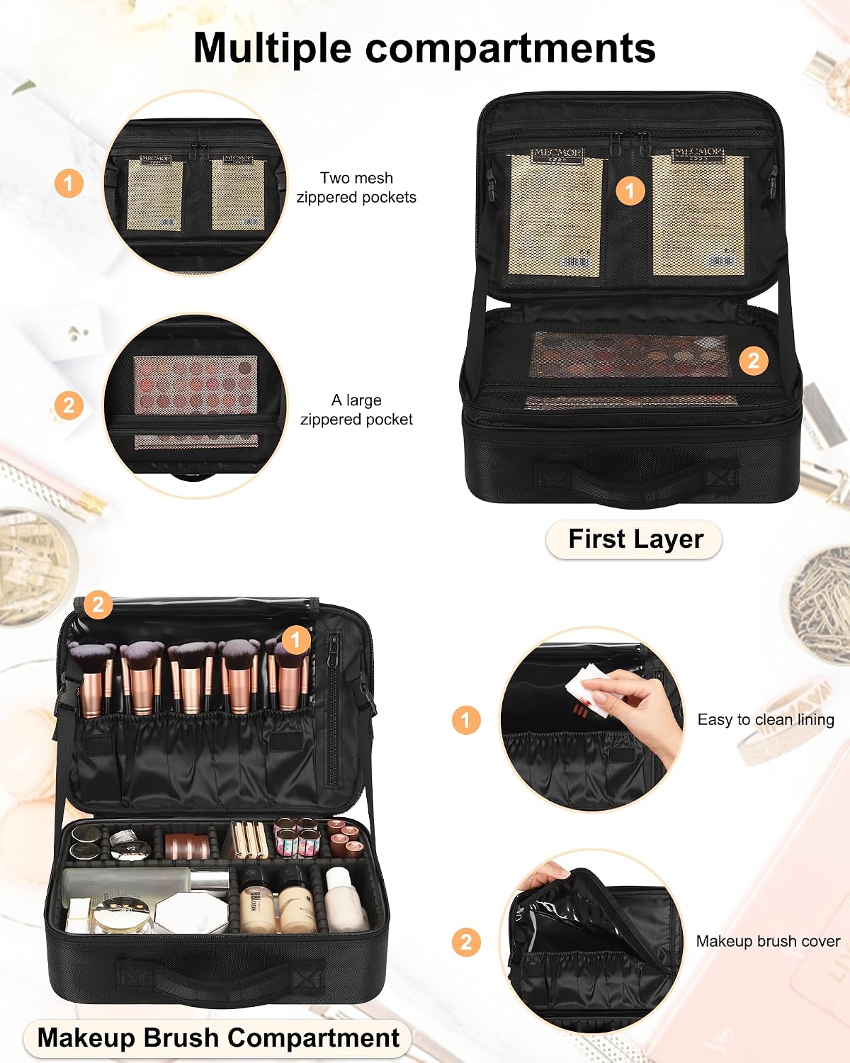 Relavel Makeup Bag Travel Train Case Cosmetic Organizer with Divider, Black