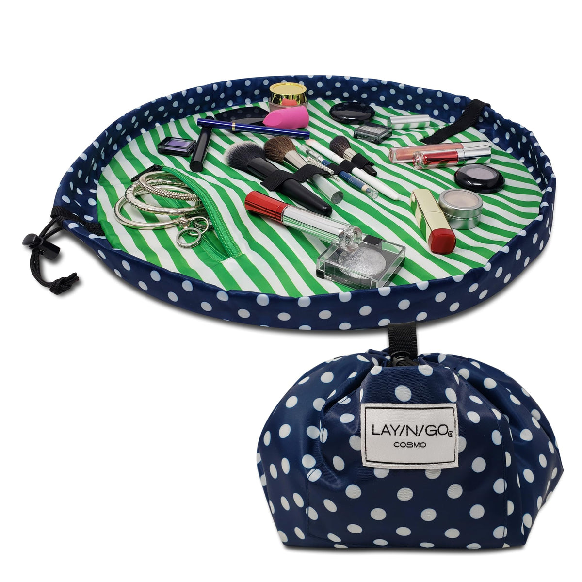 Lay-n-Go Cosmo Layflat Drawstring Cosmetic & Makeup Bag Organizer w/Zipper Pocket, Brush Loops & More, Cinch to Close, Lay Flat to Use, Durable, Machine Wash, Travel Toiletry Bag (20", Dogs)