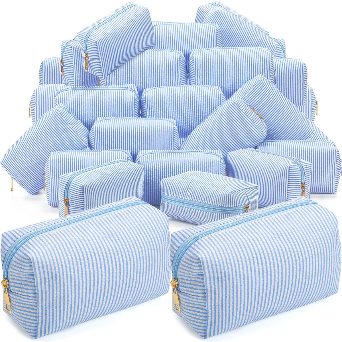 Sanwuta 6 Pcs Seersucker Cosmetic Bags Bulk, Striped Zippered,Khaki