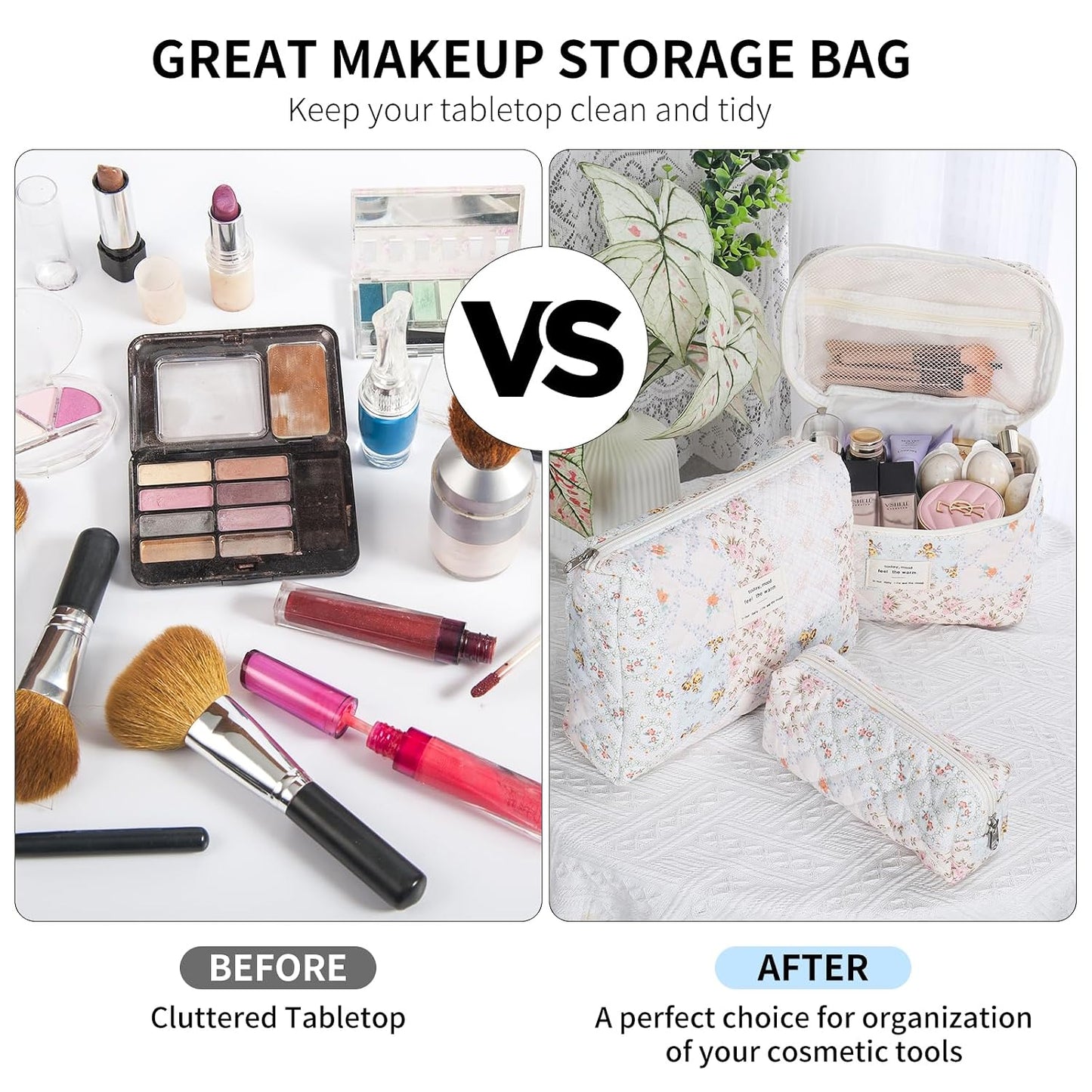 senbowe Floral Makeup Bag, 3 Pack Large Cotton Quilted Makeup Bag Set, Cute Floral Coquette Aesthetic Toiletry Bag Make Up Cosmetic Bag for Women, Toiletry Travel Make Up Organizer Bag