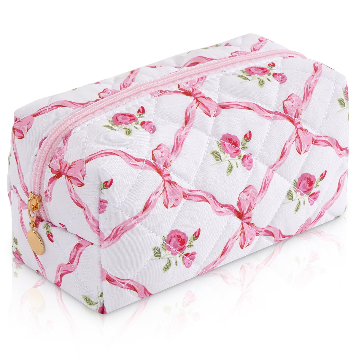 Makeup Bag Travel Toiletry Bag for Women, Small Cosmetic Bags Cute Quilted Cotton Makeup Pouch for Purse Emergency Bag Pencil Case Accessory Bag, Pastel Pink