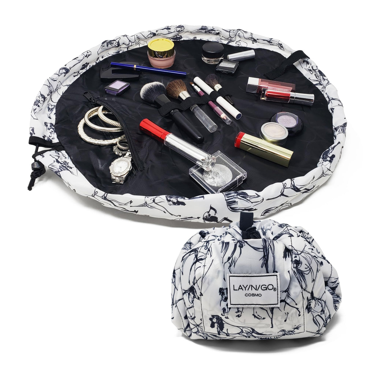 Lay-n-Go Cosmo Layflat Drawstring Cosmetic & Makeup Bag Organizer w/Zipper Pocket, Brush Loops & More, Cinch to Close, Lay Flat to Use, Durable, Machine Wash, Travel Toiletry Bag (20", Dogs)