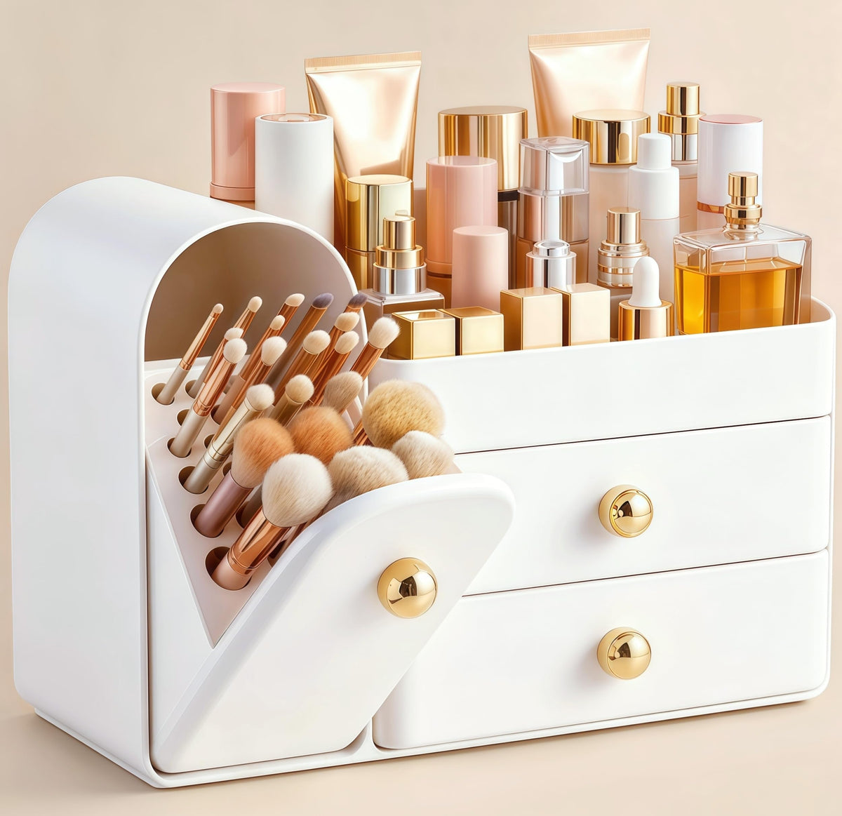 HBlife Makeup Organizer Countertop with Drawers, Vanity Organizers with Brush Holder, Bathroom Counter Organizer for Perfume, Nail Polishes, Lipsticks, Skincare and Eyeshadow Palettes, White